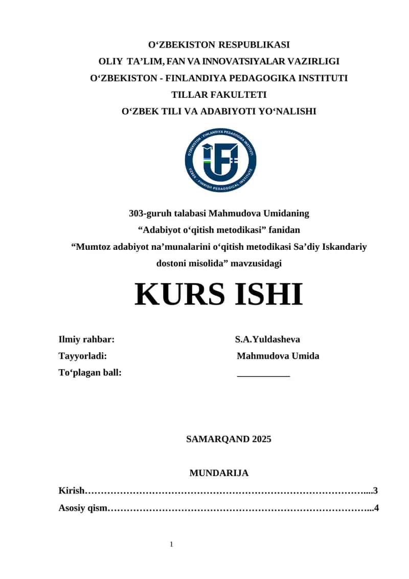 "Adabiyot oʻqitish metodikasi" 1