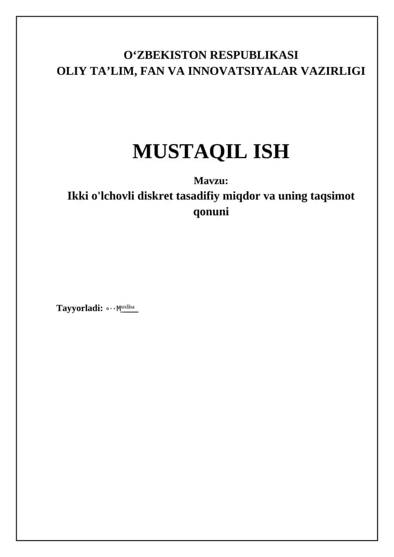 Ikki o'lchovli diskret tasadifiy miqdor va uning taqsimot qonuni 1
