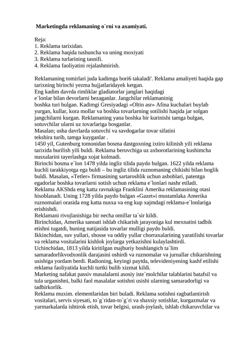 Reklamaning o`rni va axamiyati 1