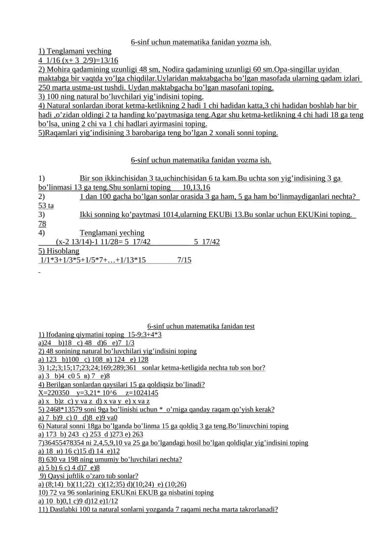 6-sinf uchun matematikadan yozma ish va test 1