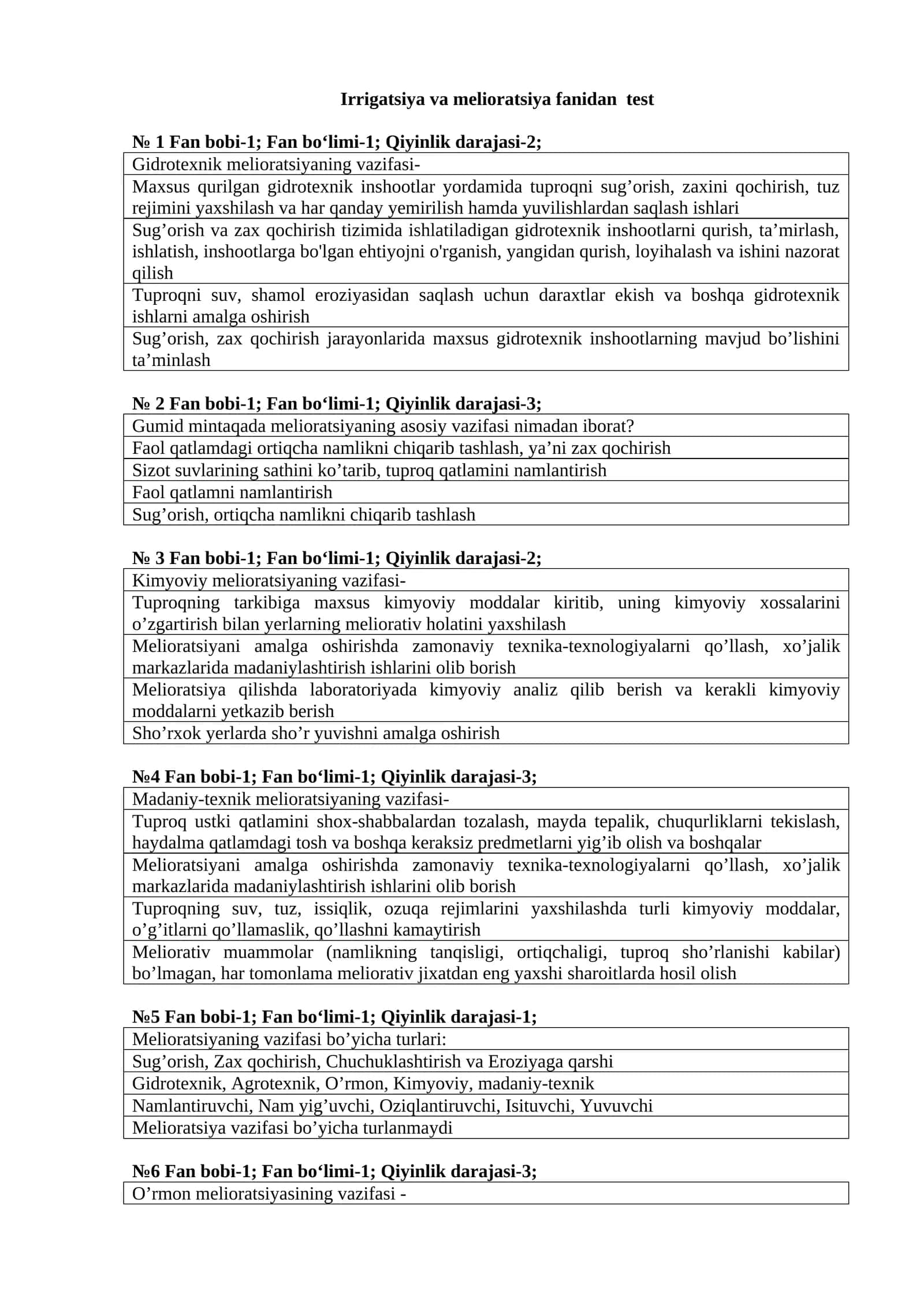Irrigatsiya va melioratsiya fanidan test 1