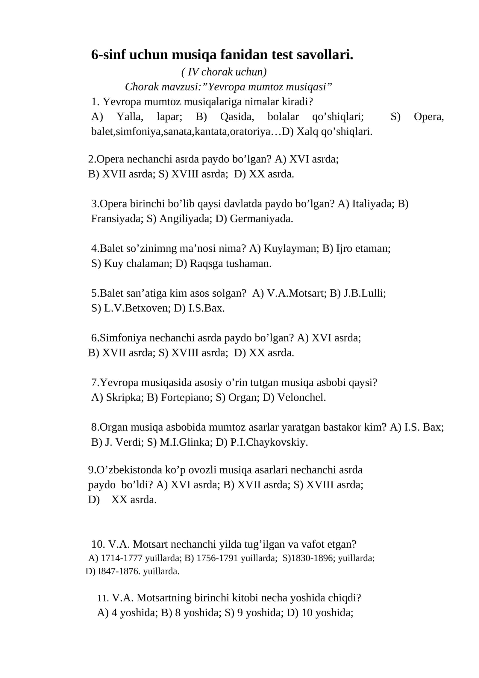 6-sinf uchun musiqa fanidan test savollari 1