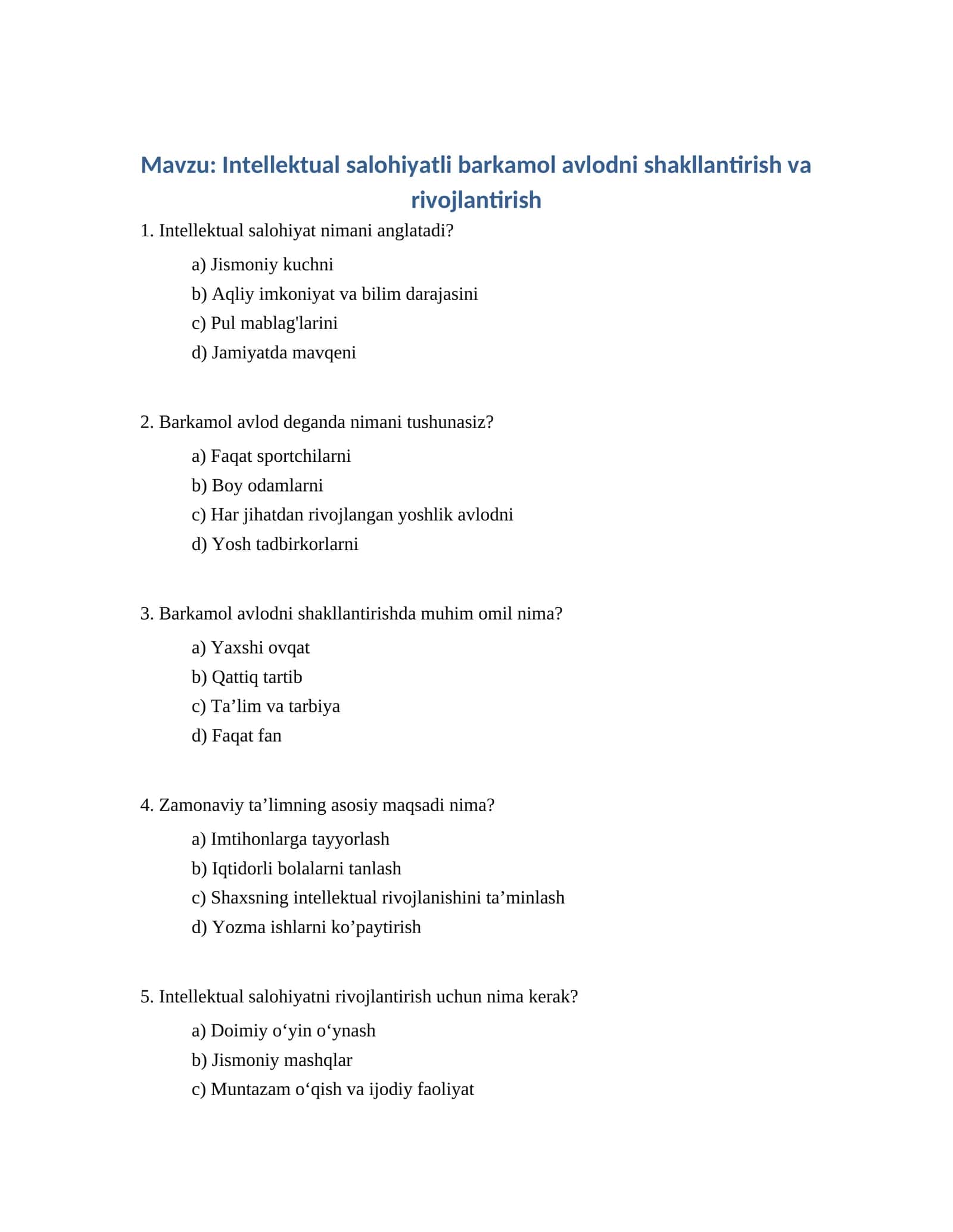 Intellektual salohiyatli barkamol avlodni shakllantirish va rivojlantirish 1