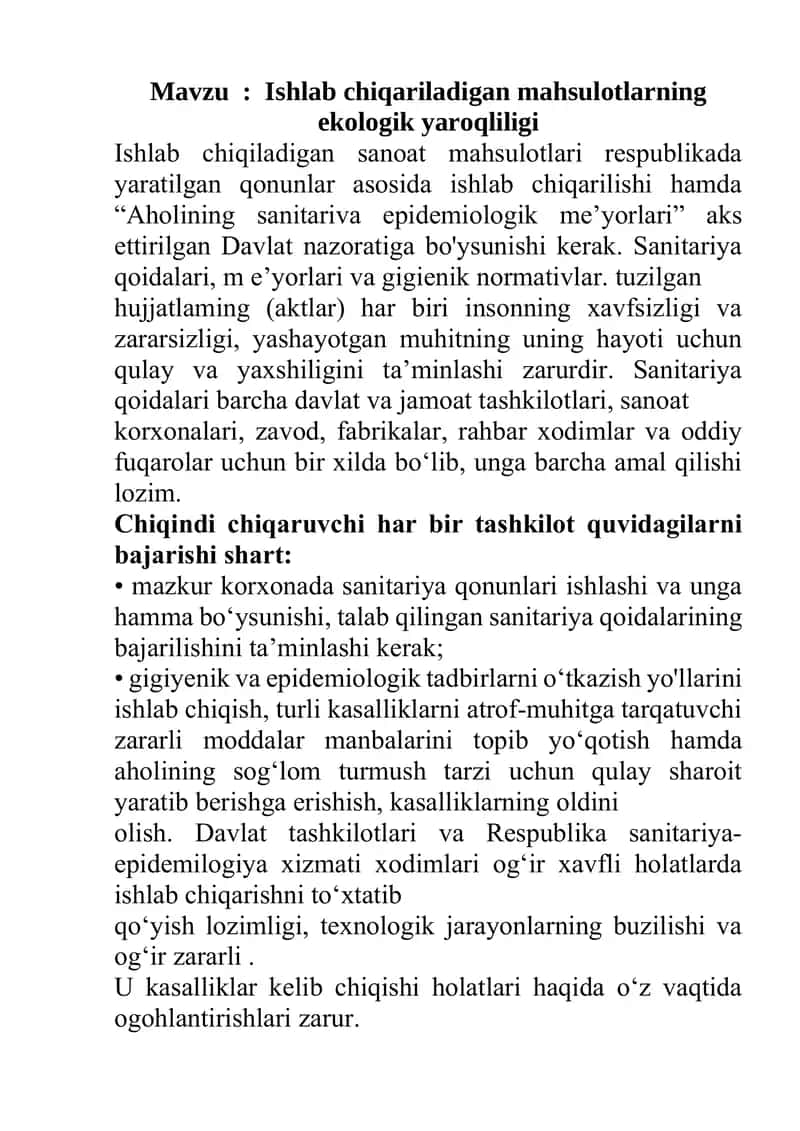Ishlab chiqariladigan mahsulotlarning ekologik yaroqliligi 1
