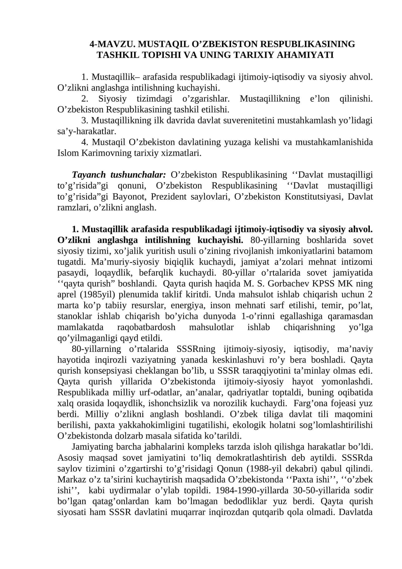 MUSTAQIL O’ZBEKISTON RESPUBLIKASINING TASHKIL TOPISHI VA UNING TARIXIY AHAMIYATI 1