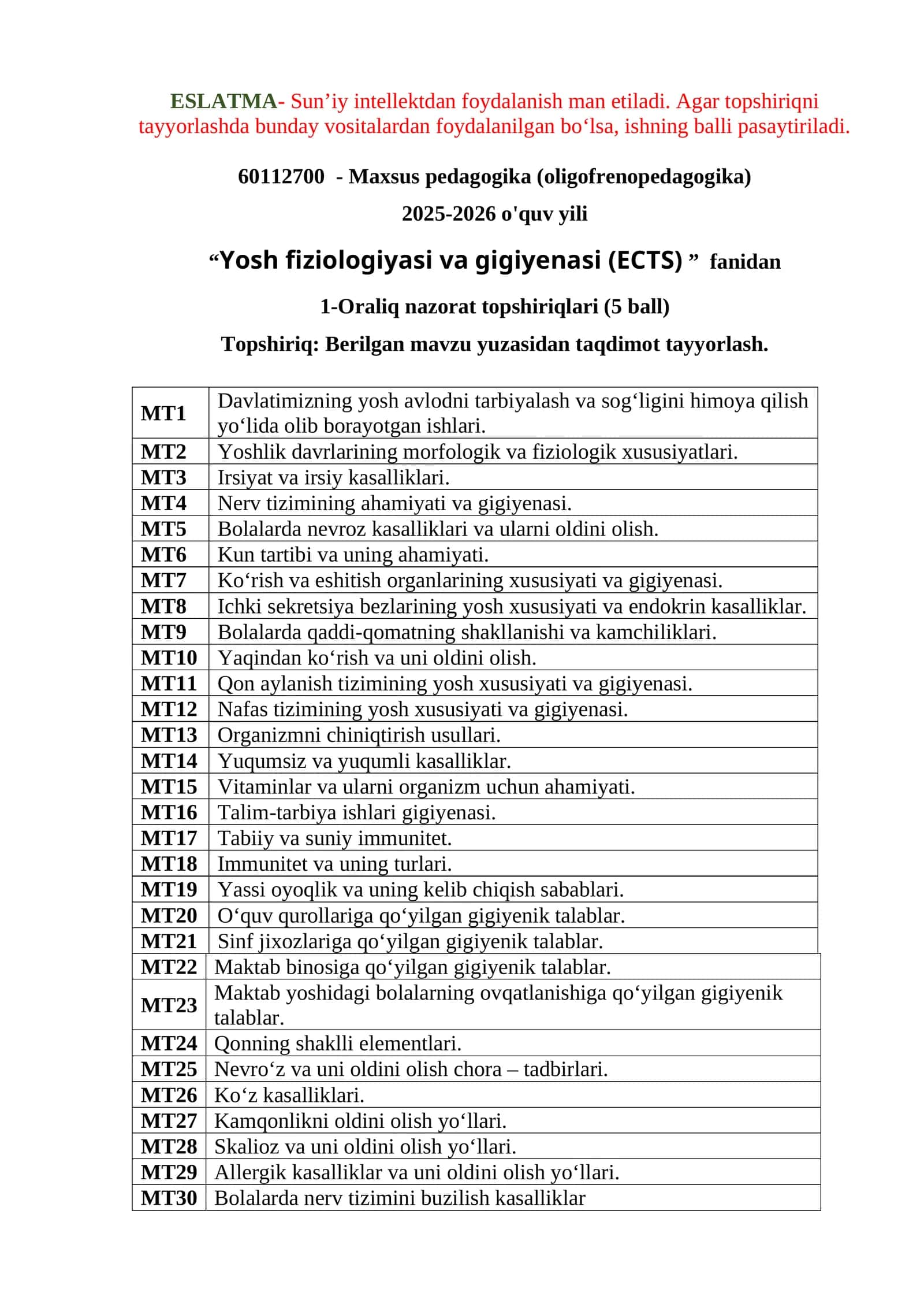 Yosh fiziologiyasi va gigiyenasi (ECTS) 1