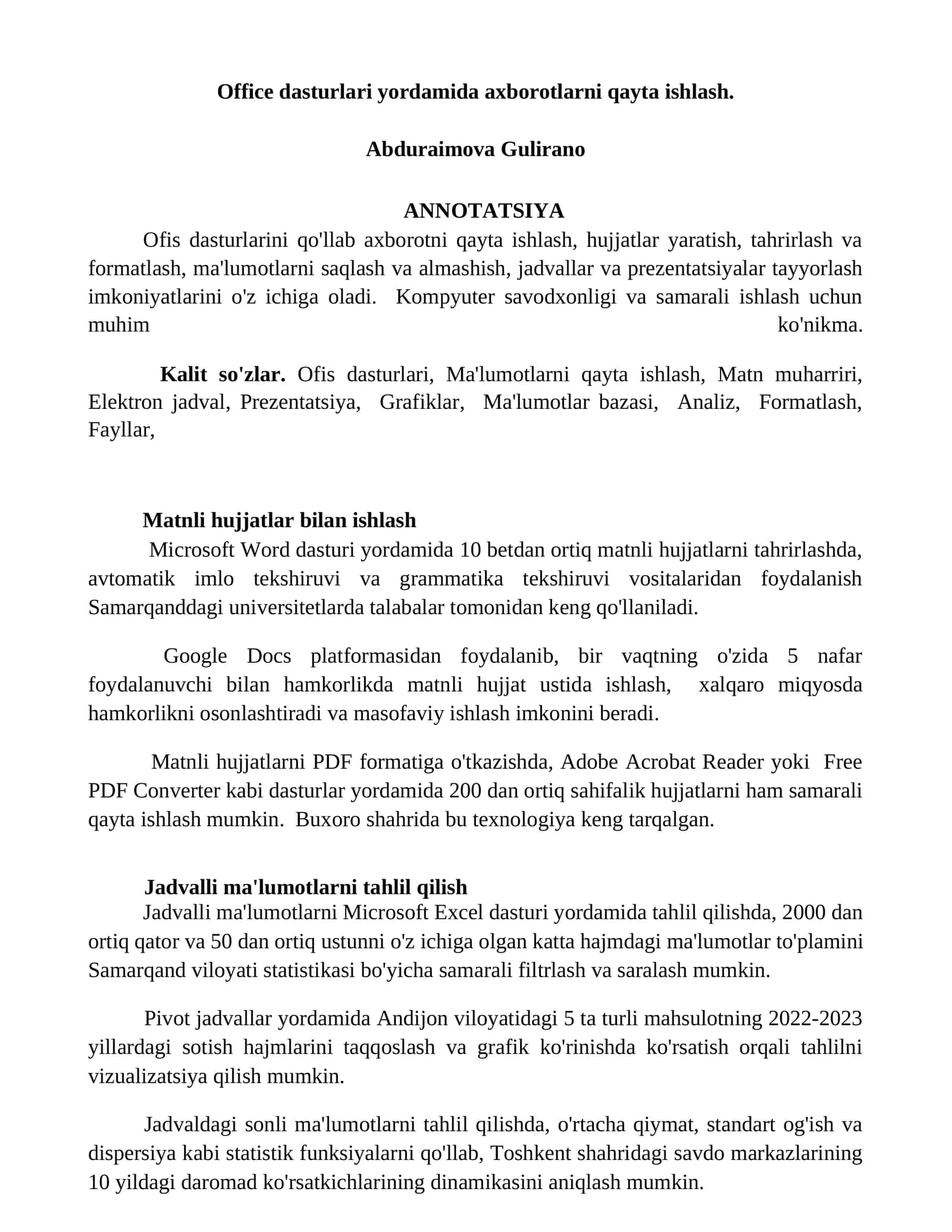 Ofis dasturlari yordamida axborotlarni qayta ishlash 1