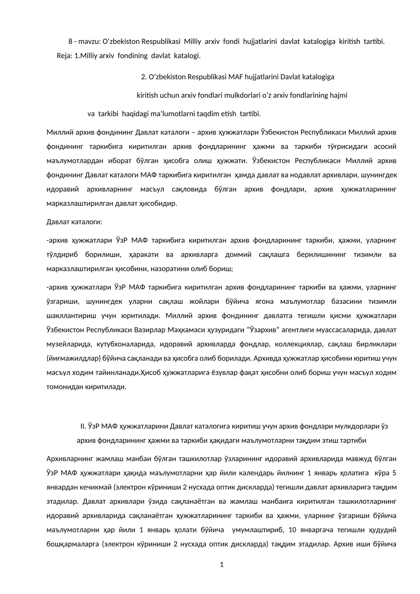 O‘zbekiston Respublikasi Milliy arxiv fondi hujjatlarini davlat katalogiga kiritish tartibi 1