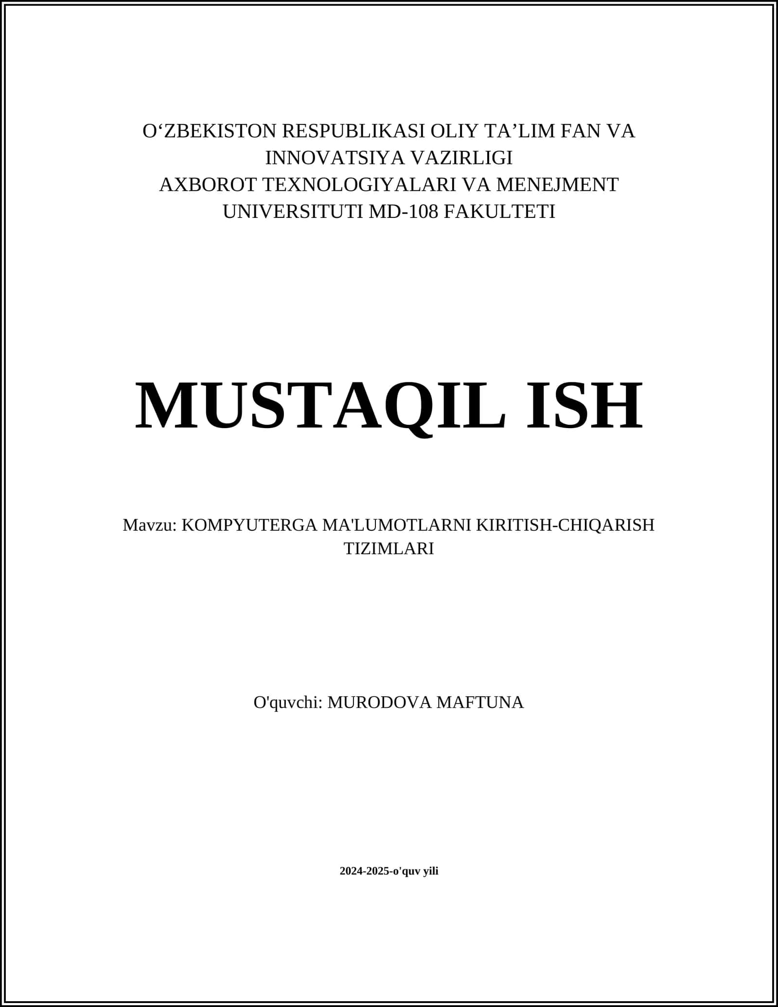 KOMPYUTERGA MA'LUMOTLARNI KIRITISH-CHIQARISH TIZIMLARI 1