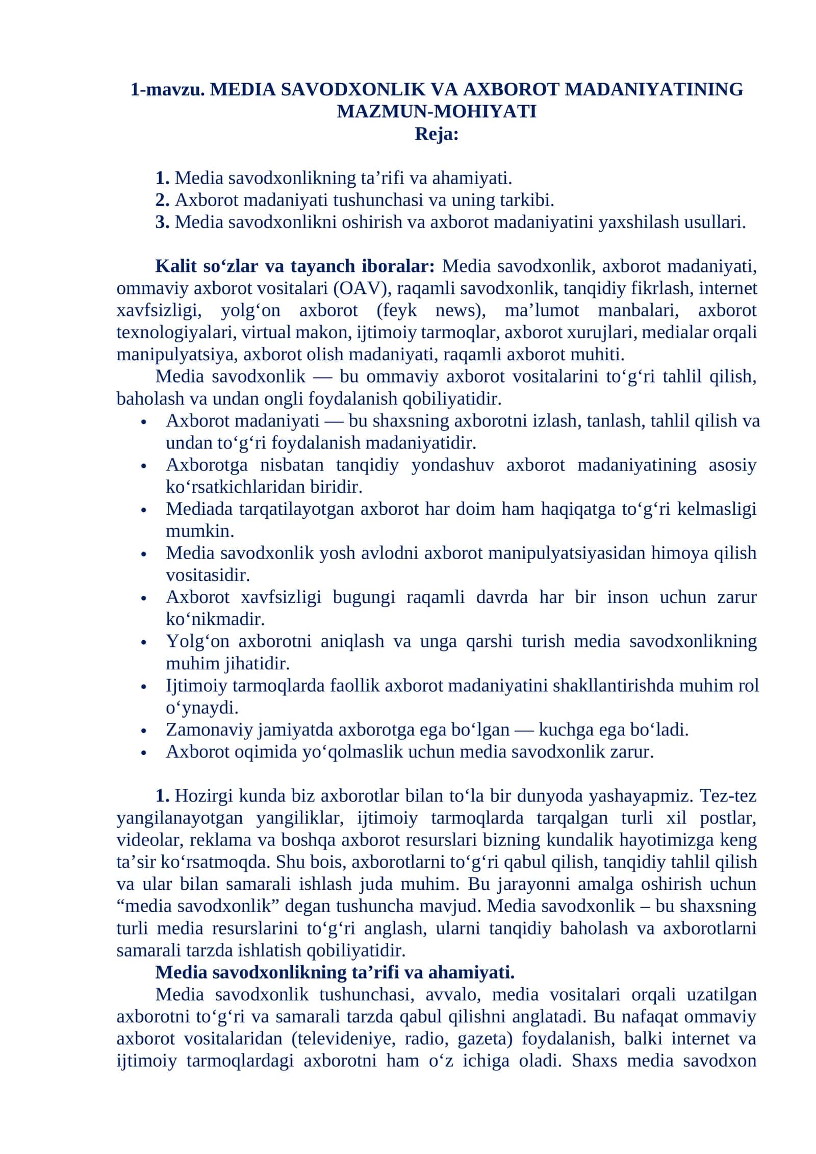 MEDIA SAVODXONLIK VA AXBOROT MADANIYATINING MAZMUN-MOHIYATI 1