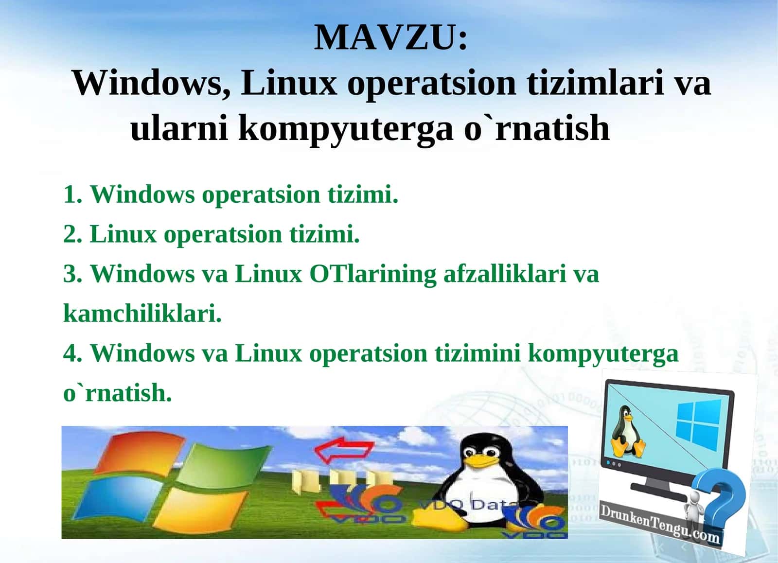 Windows, Linux operatsion tizimlari va ularni kompyuterga o`rnatish 1