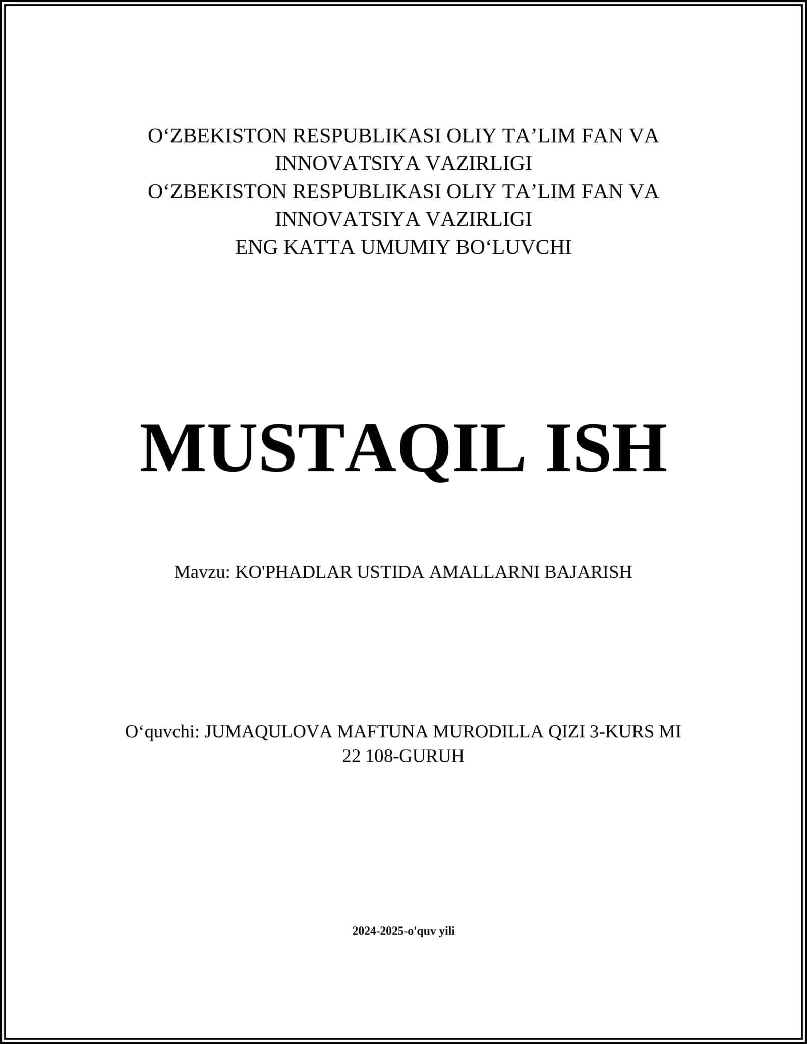 KO'PHADLAR USTIDA AMALLARNI BAJARISH 1