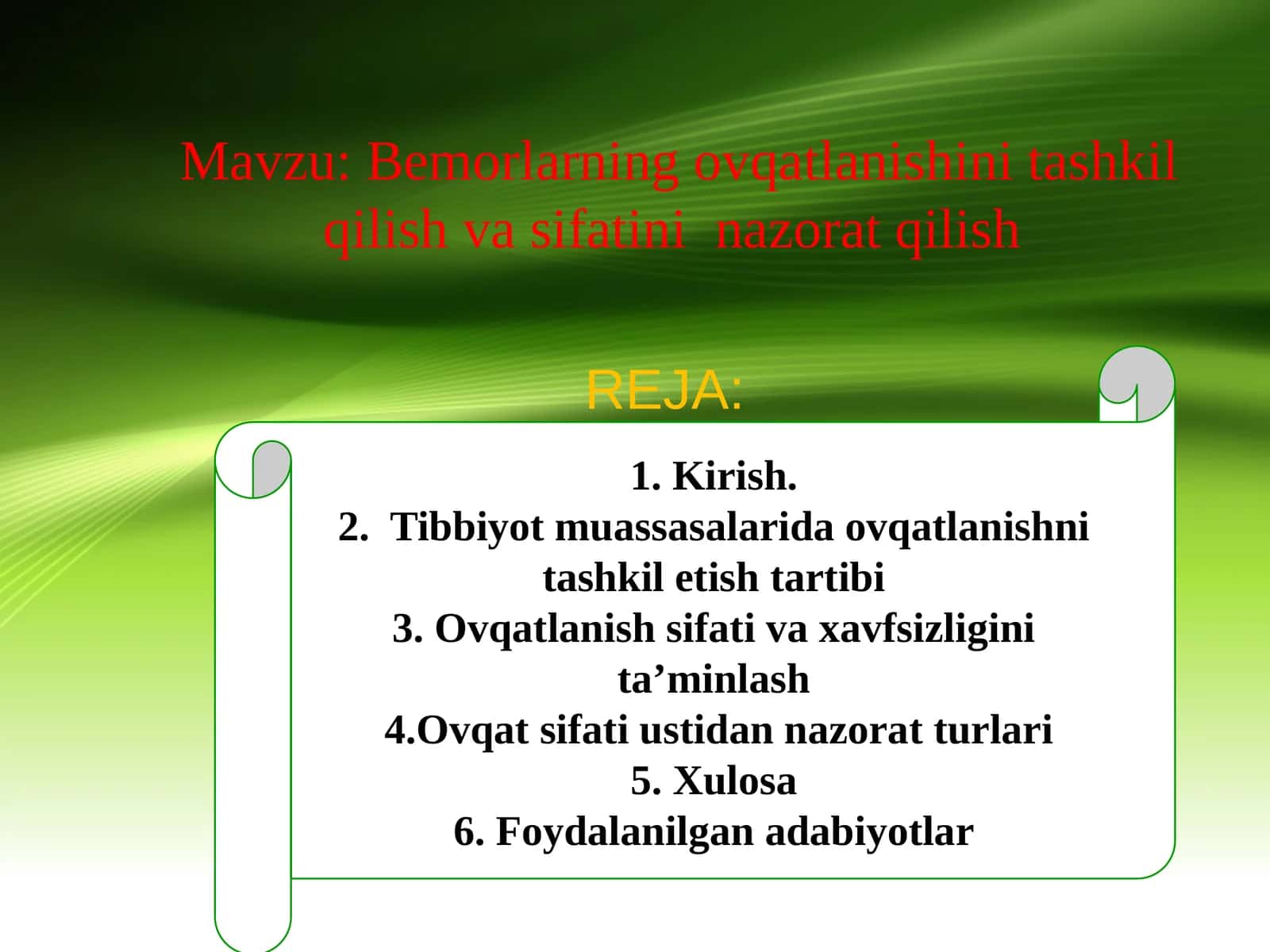 Bemorlarning ovqatlanishini tashkil qilish va sifatini nazorat qilish 1