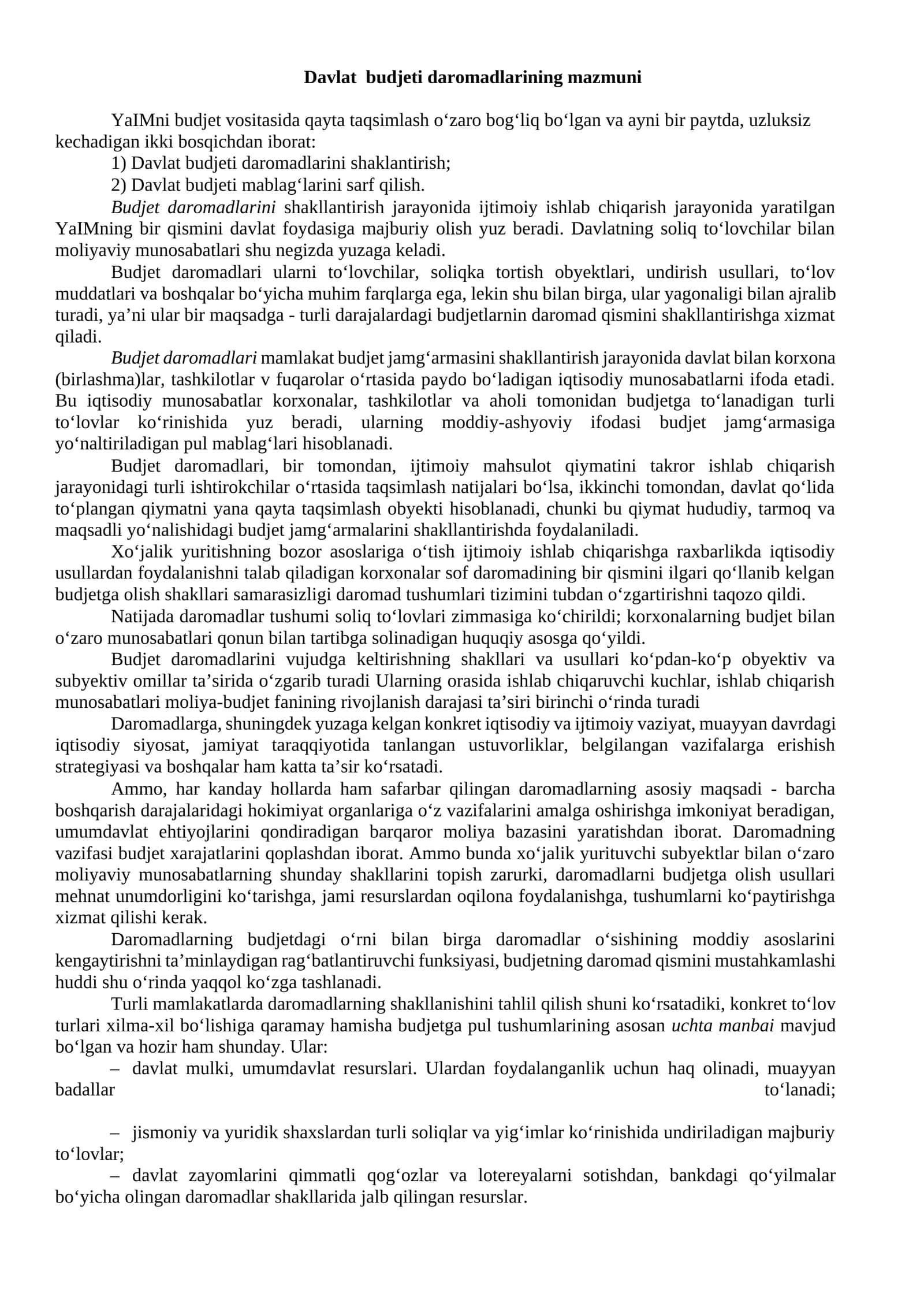 Davlat budjeti daromadlarining mazmuni 1
