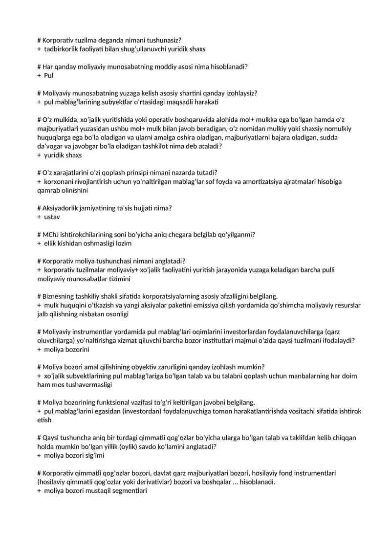 Korparativ moliya yakuniy javoblari 1