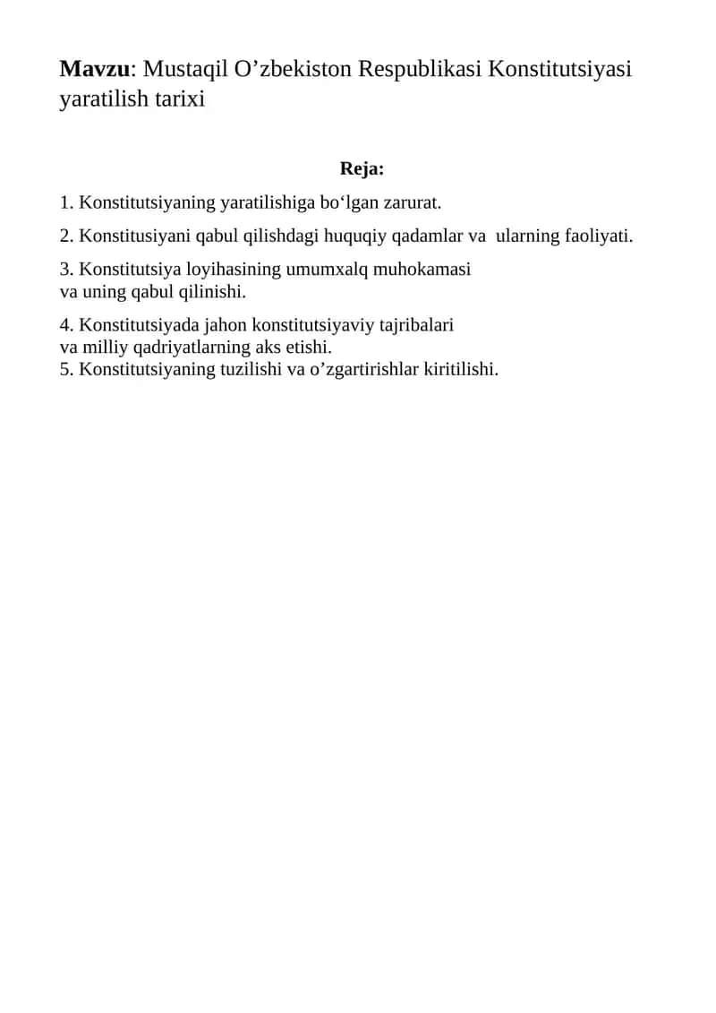 O'zbekiston Respublikasi Konstitutsiyasi yaratilish tarixi 1