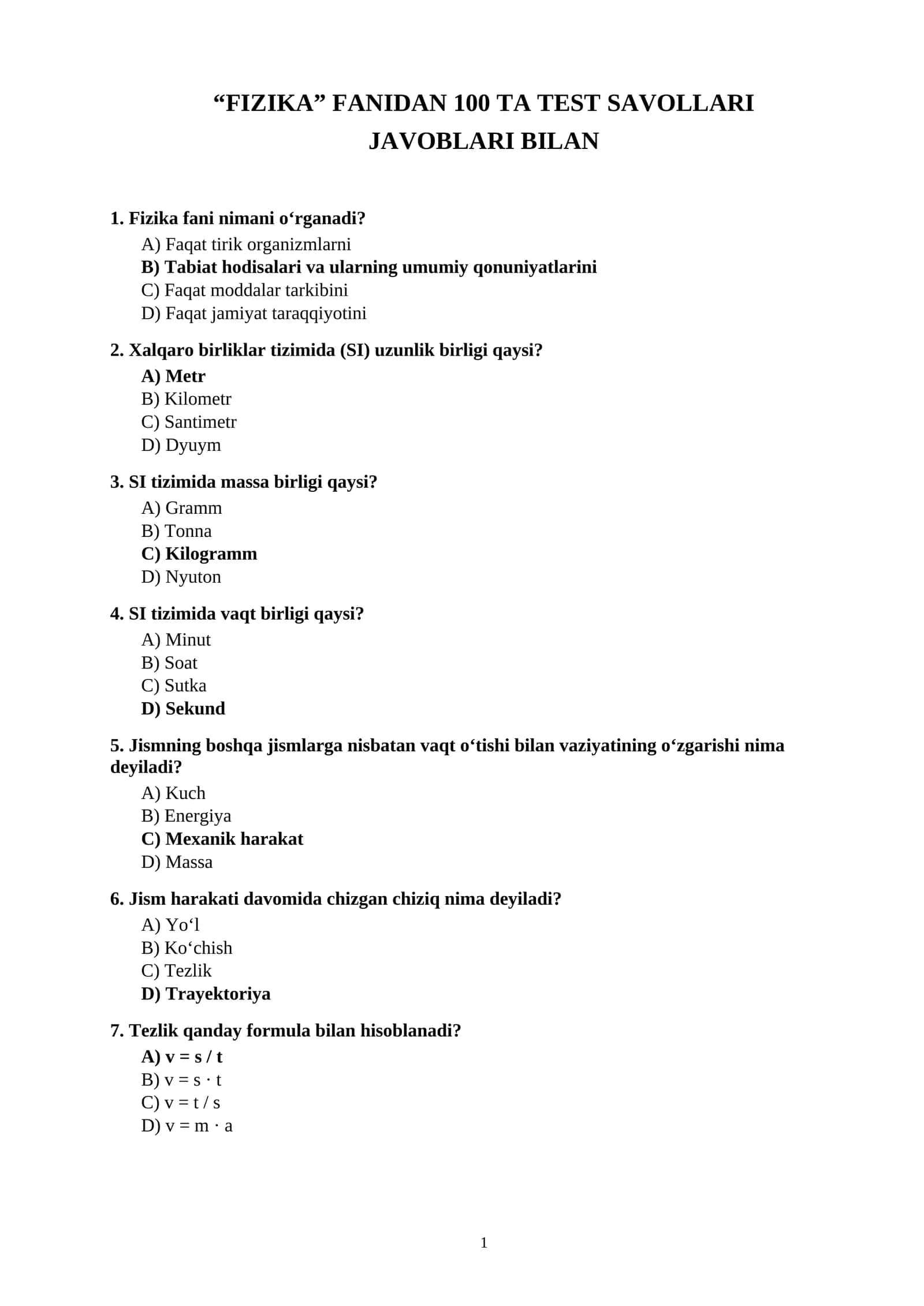 FIZIKA FANIDAN 100 TA TEST SAVOLLARI JAVOBLARI BILAN 1
