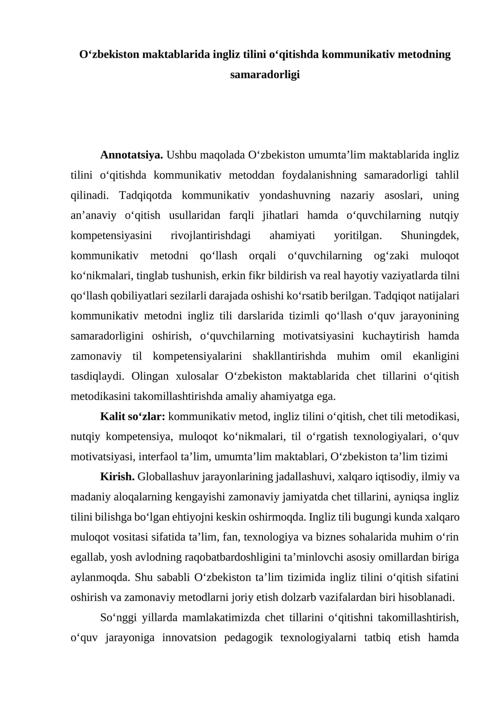 Maqola_O‘zbekiston maktablarida ingliz tilini o‘qitishda kommunikativ metodning samaradorligi 1