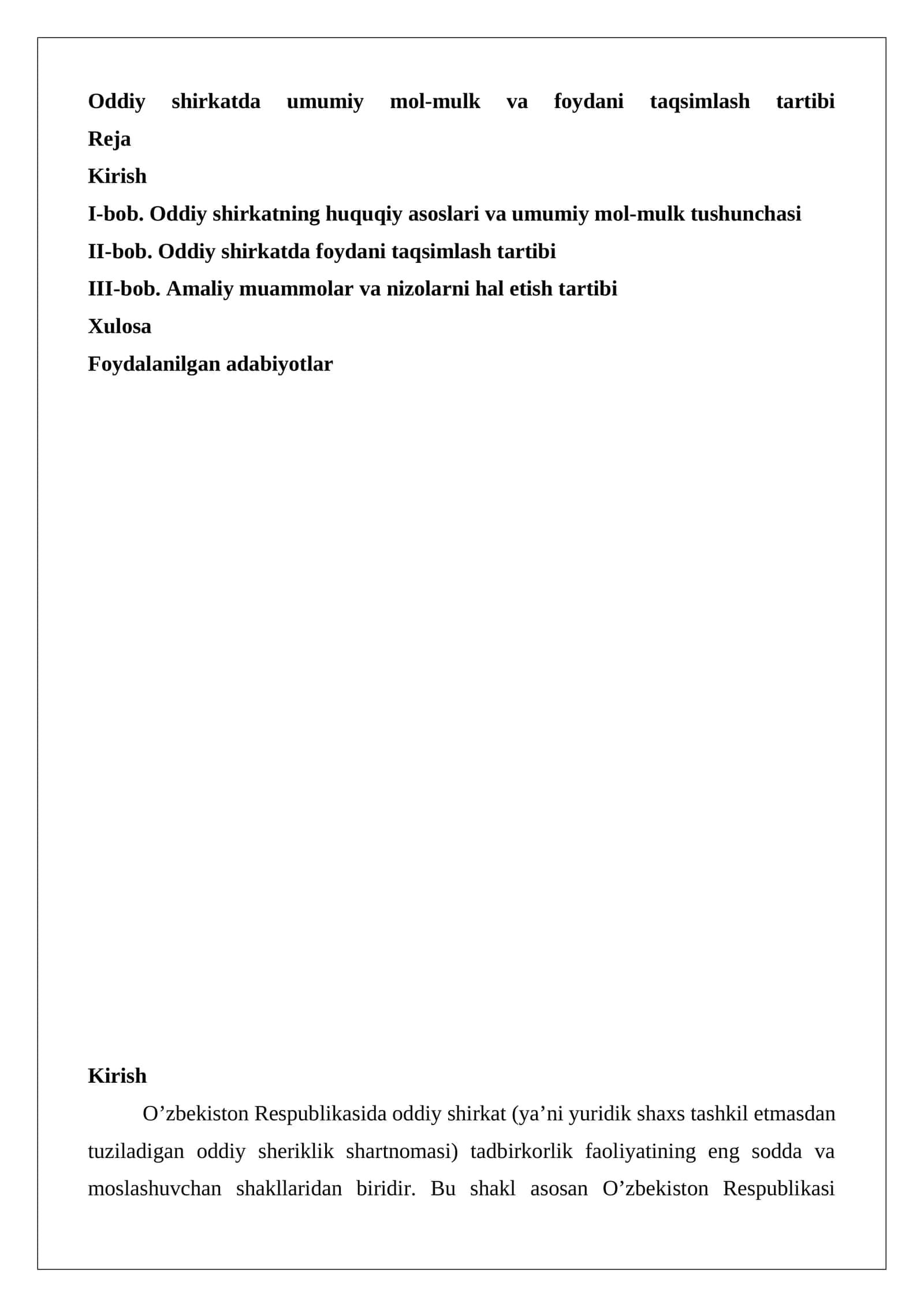 Oddiy shirkatda umumiy mol-mulk va foydani taqsimlash tartibi 1