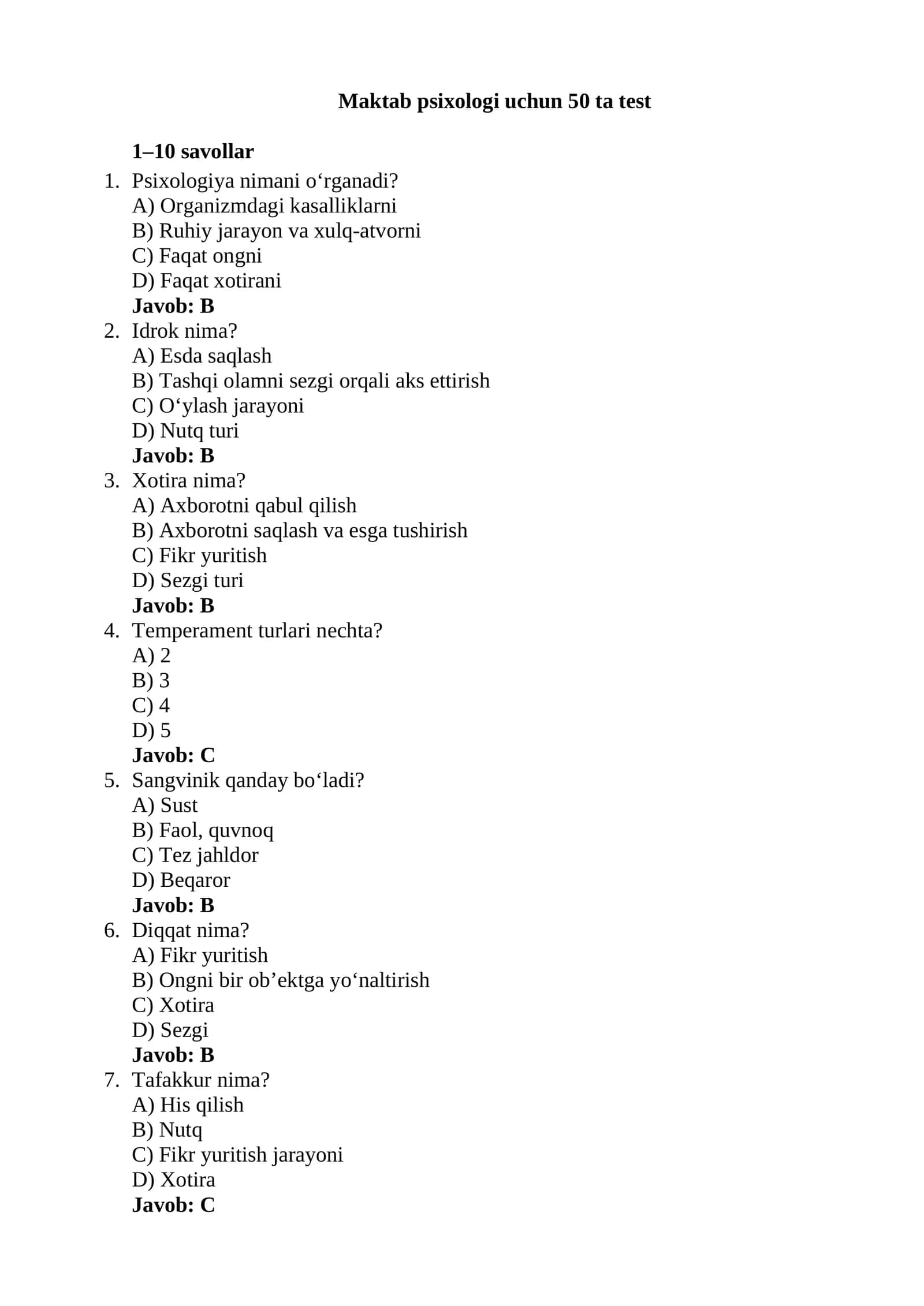 Maktab psixologi uchun 50 ta test 1