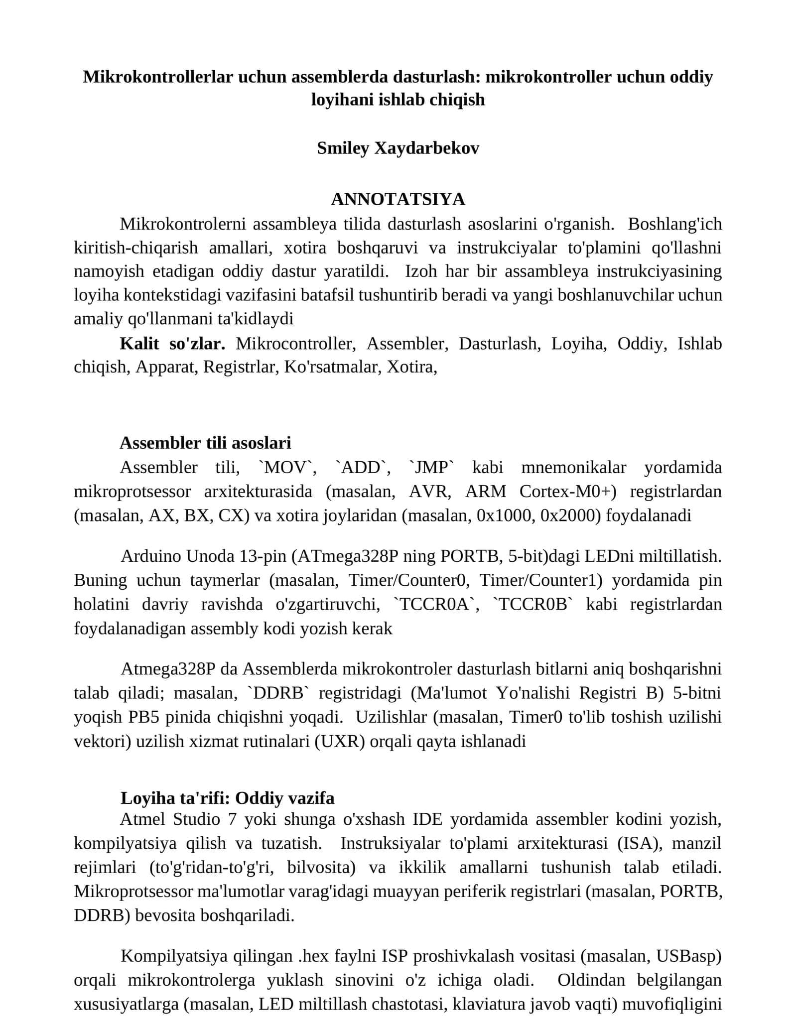 Mikrokontrollerlar uchun assemblerda dasturlash: mikrokontroller uchun oddiy loyihani ishlab chiqish 1