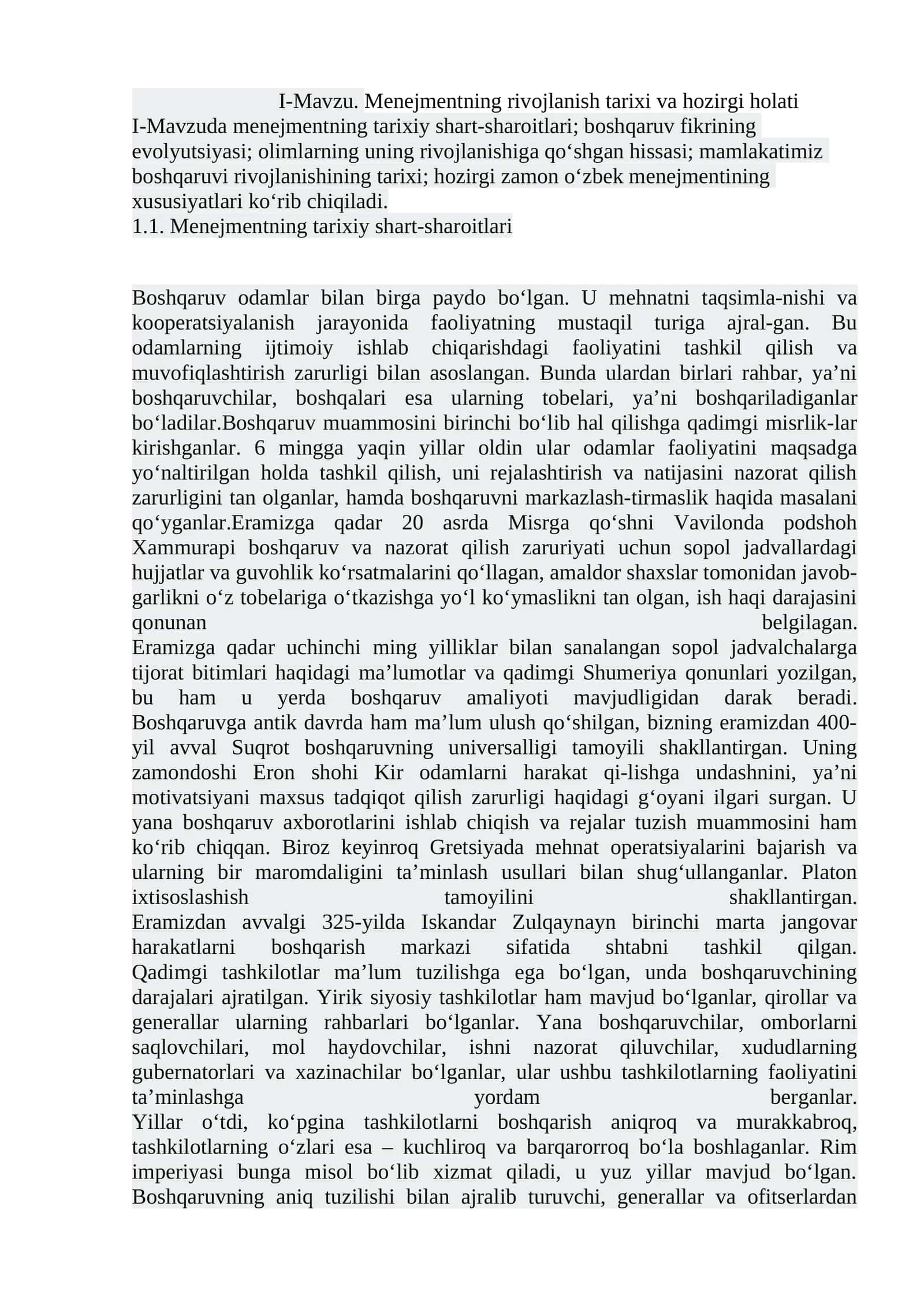 I-Mavzu.Menejmentning rivojlanish tarixi va hozirgi holati 1