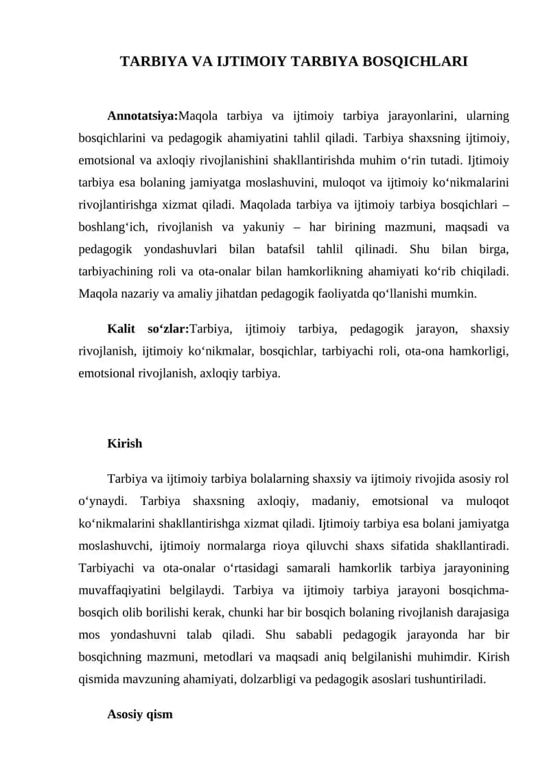 TARBIYA VA IJTIMOIY TARBIYA BOSQICHLARI 1