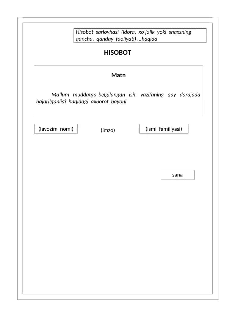 Hisobot, Tushuntirish xati, Buyruq namuna shartlari 1
