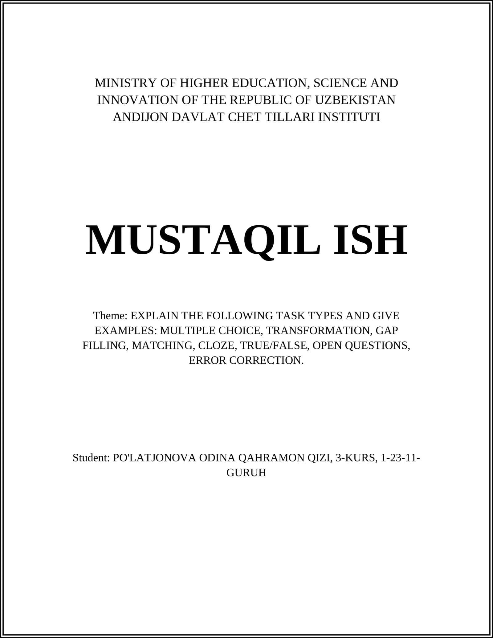 Mustaqil ish: Task Types Explanation in Language Teaching 1