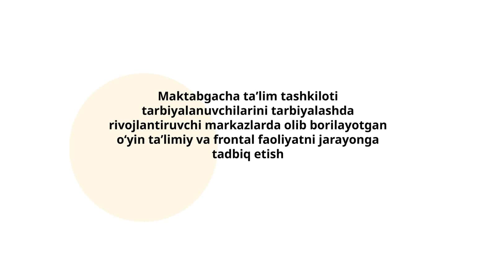 Maktabgacha taʼlim tashkiloti tarbiyalanuvchilarini tarbiyalashda rivojlantiruvchi markazlarda olib borilayotgan oʻyin taʼlimiy va frontal faoliyatni jarayonga tadbiq etish 1