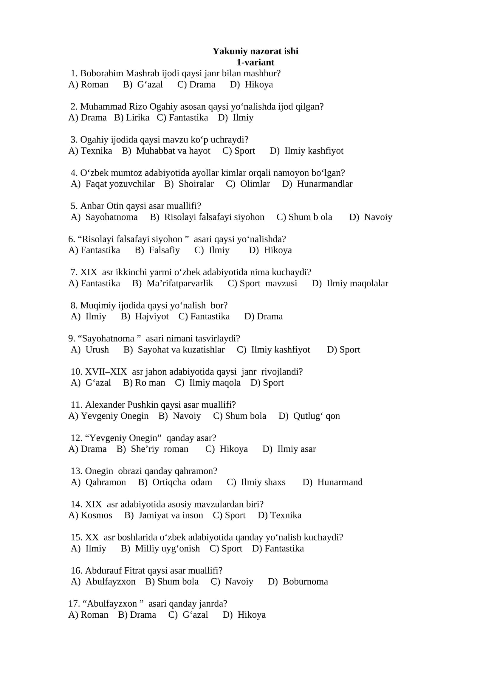Adabiyot fanidan test 1