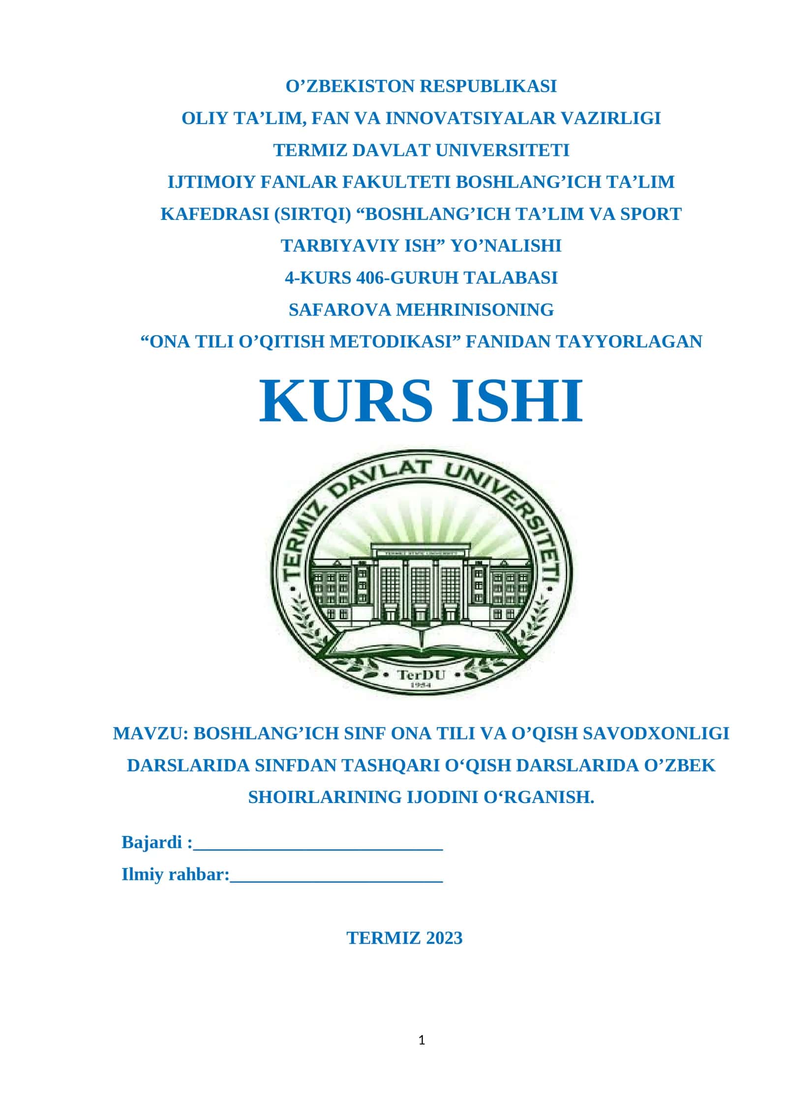 BOSHLANG’ICH SINF ONA TILI VA O’QISH SAVODXONLIGI DARSLARIDA SINFDAN TASHQARI OʻQISH DARSLARIDA O’ZBEK SHOIRLARINING IJODINI OʻRGANISH 1