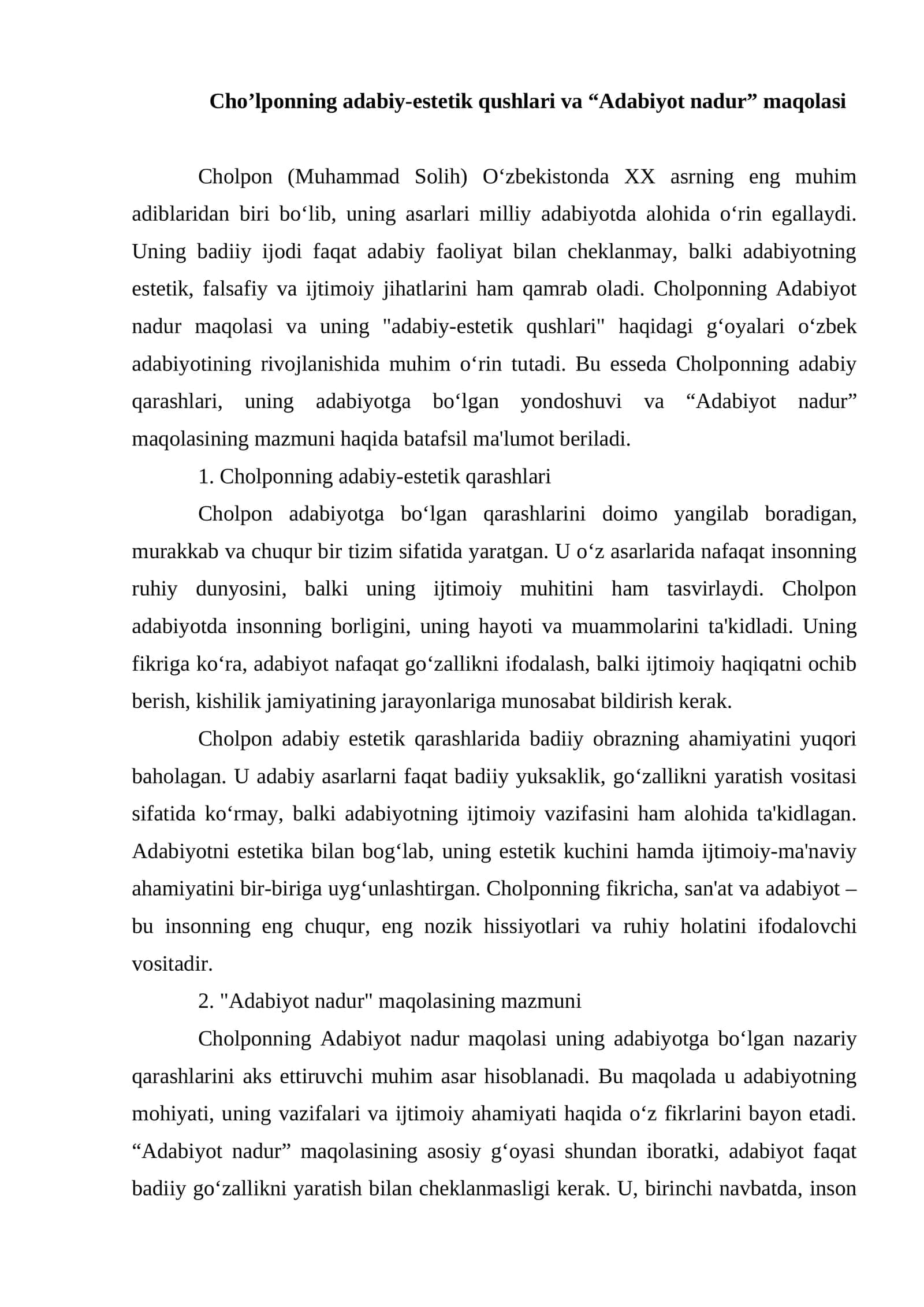 Cho’lponning adabiy-estetik qushlari va “Adabiyot nadur” maqolasi 1