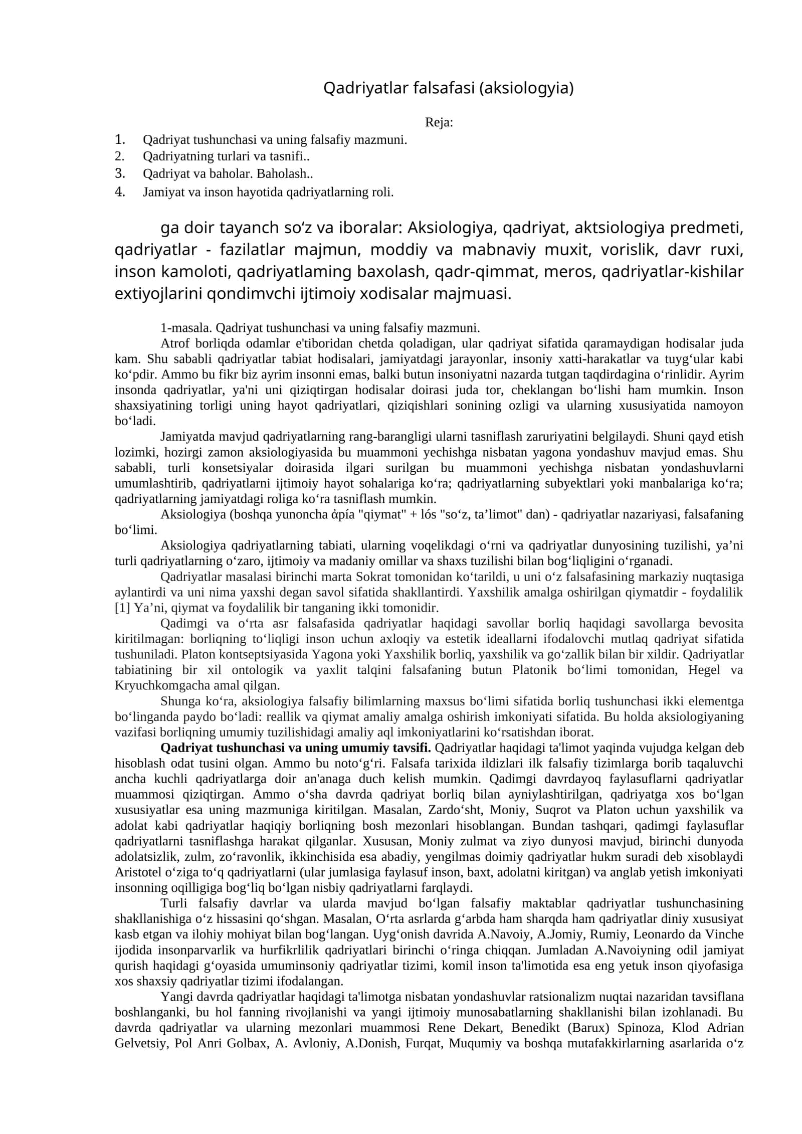 Qadriyatlar falsafasi (aksiologyia) 1
