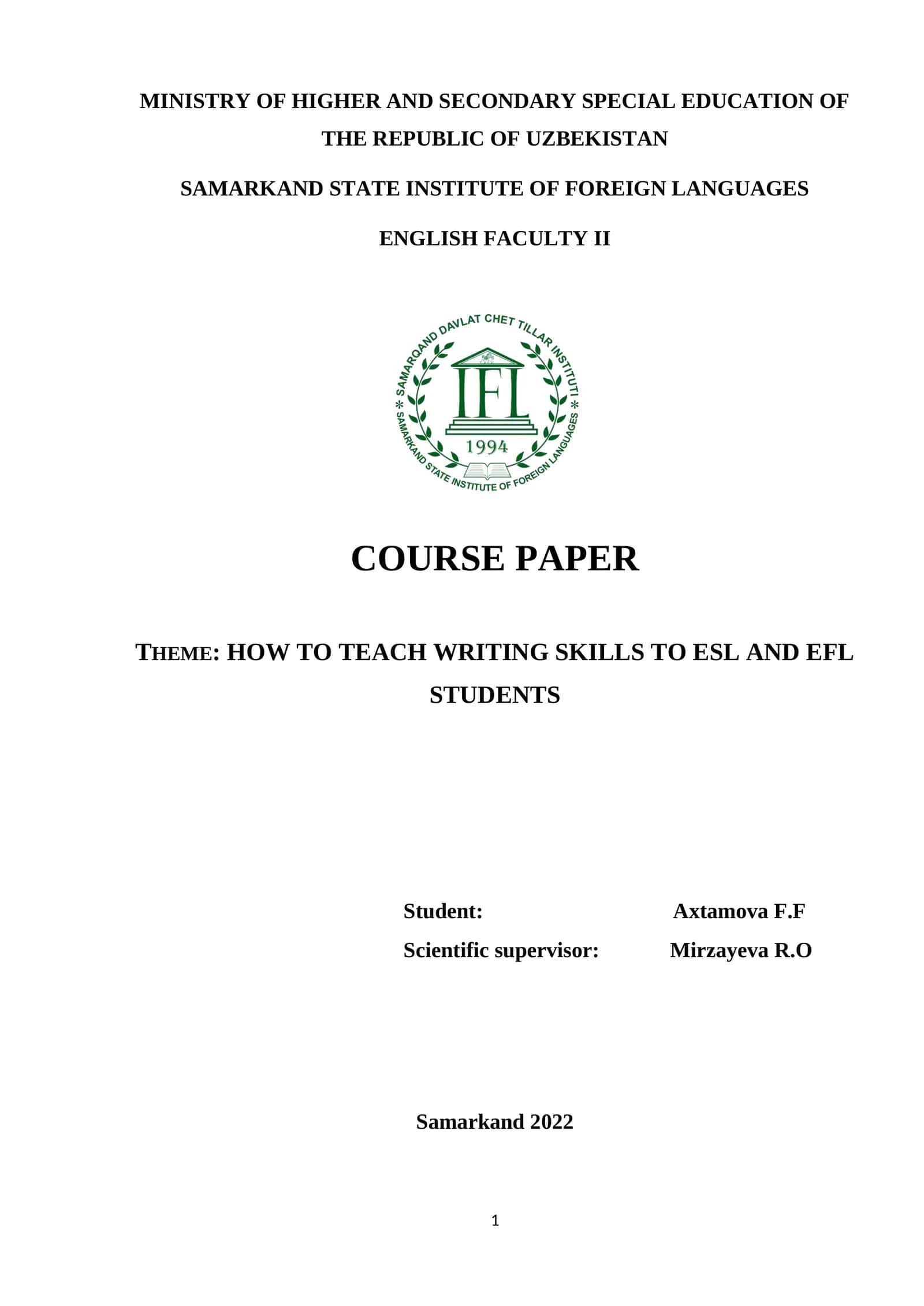 English Faculty II Course Paper 1