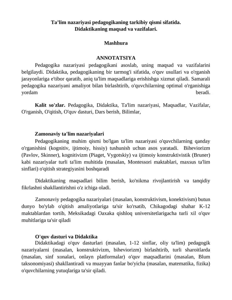 Ta’lim nazariyasi pedagogikasi 1