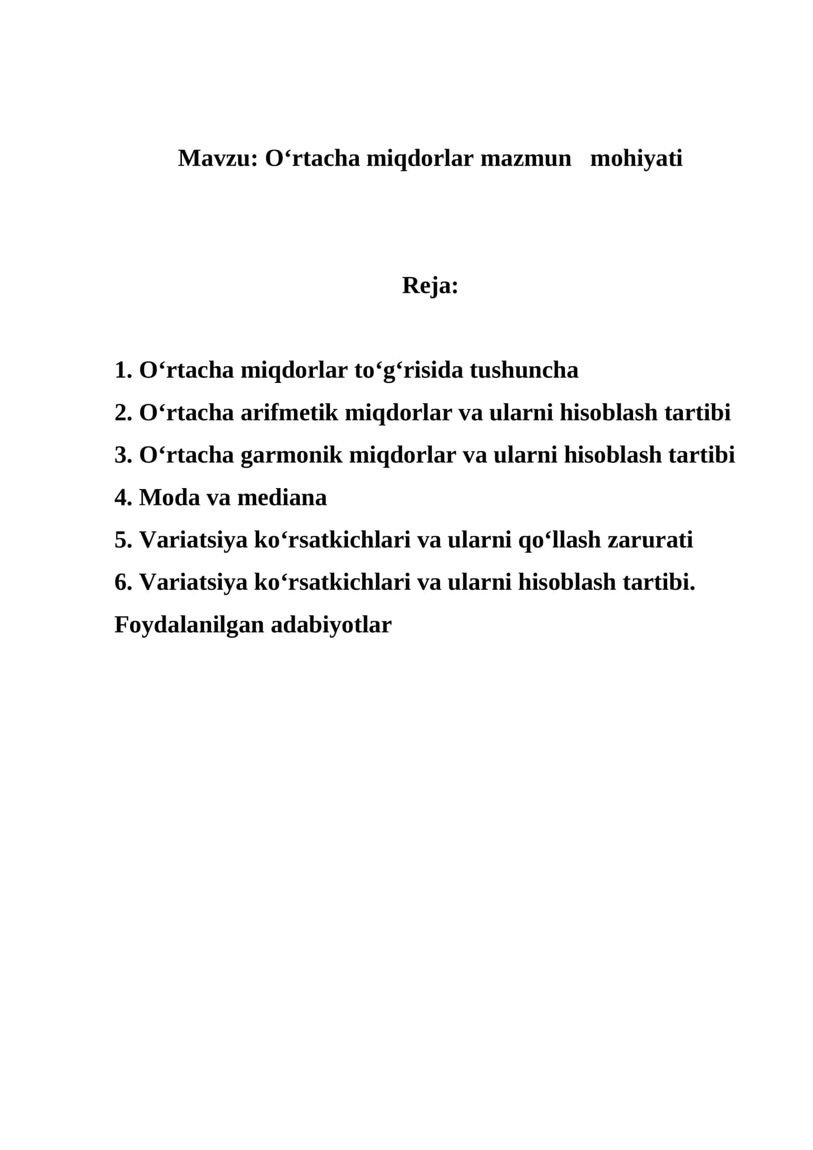 O‘rtacha miqdorlar mazmun mohiyati 1