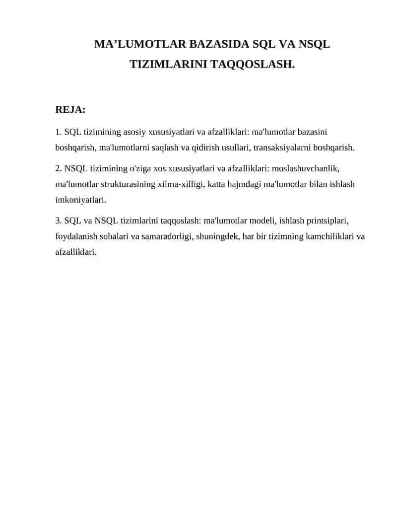 SQL va NSQL TIZIMLARINI TAQQOSLASH