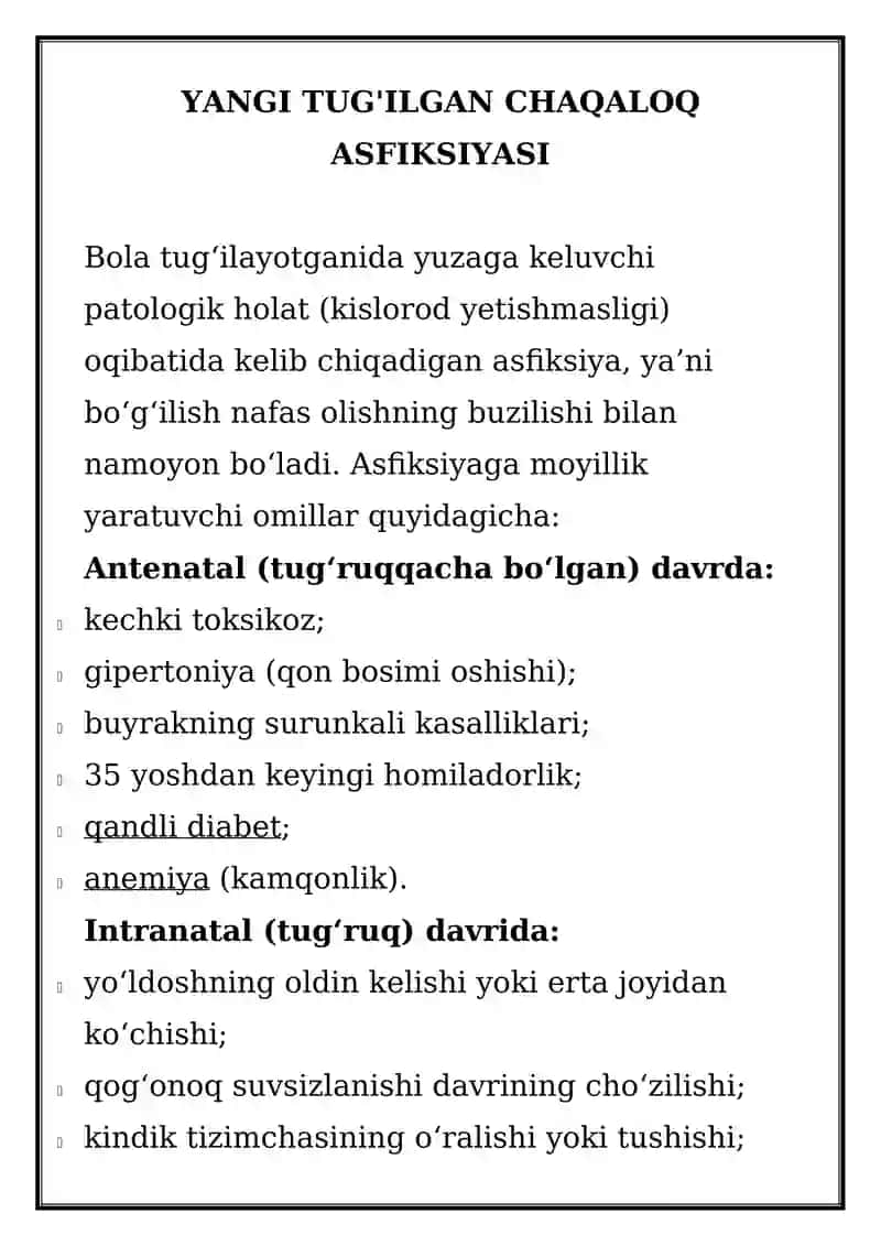 YANGI TUG'ILGAN CHAQALOQ ASFIKSIYASI