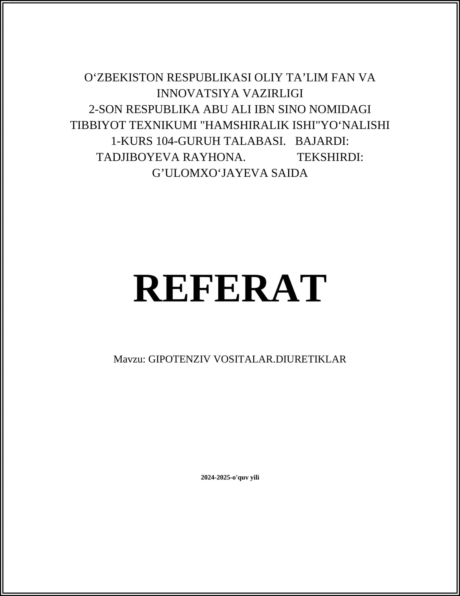 Gipotenziv vositalar.Diuretiklar 1