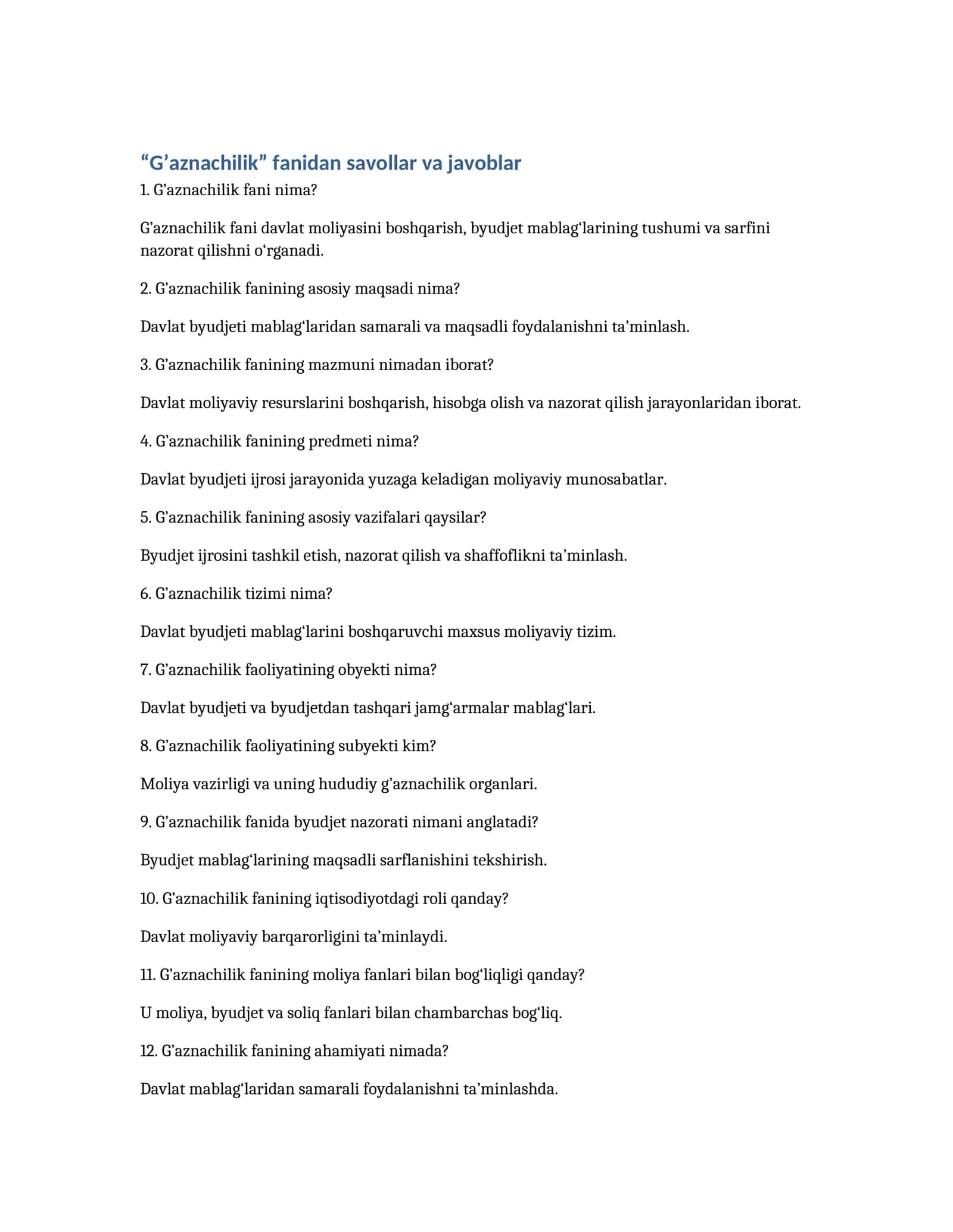 G’aznachilik fanidan savollar va javoblar 1
