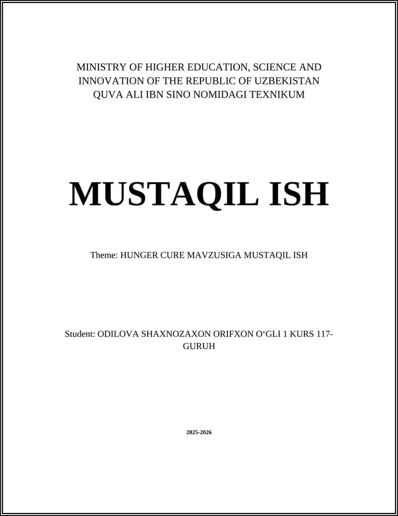 HUNGER CURE MAVZUSIGA MUSTAQIL ISH 1