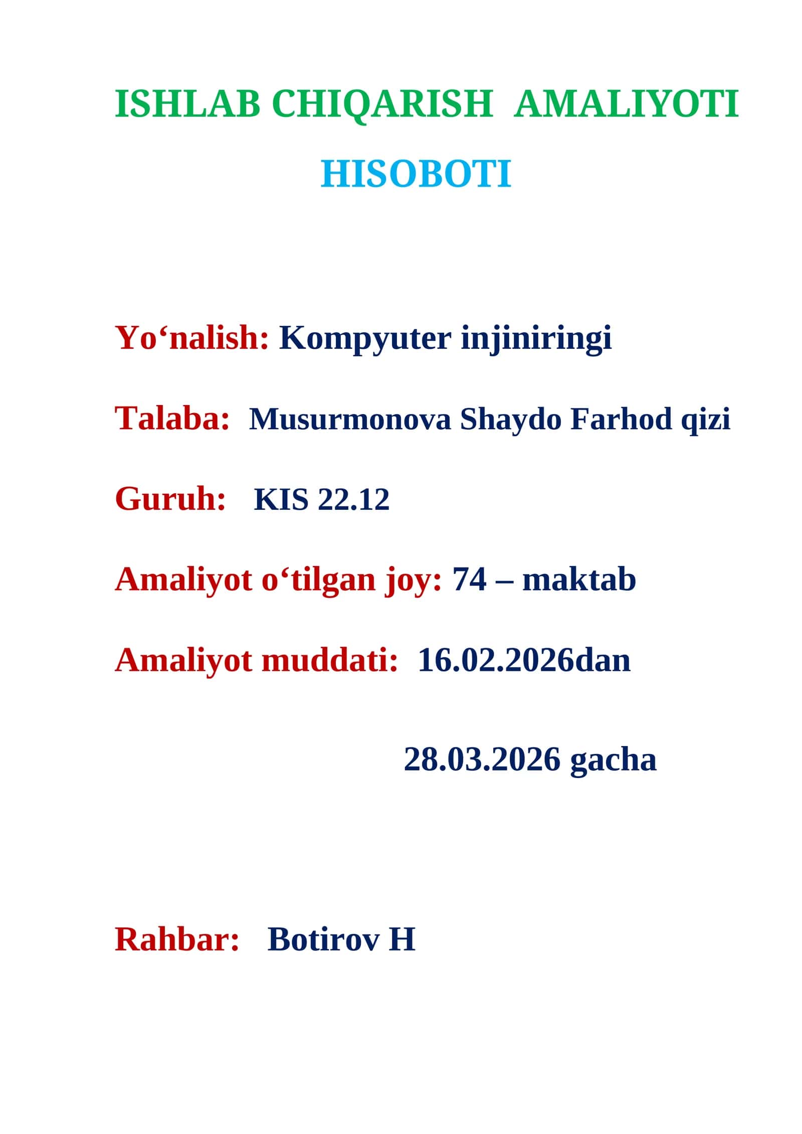 ISHLAB CHIQARISH AMALIYOTI HISOBOTI 1