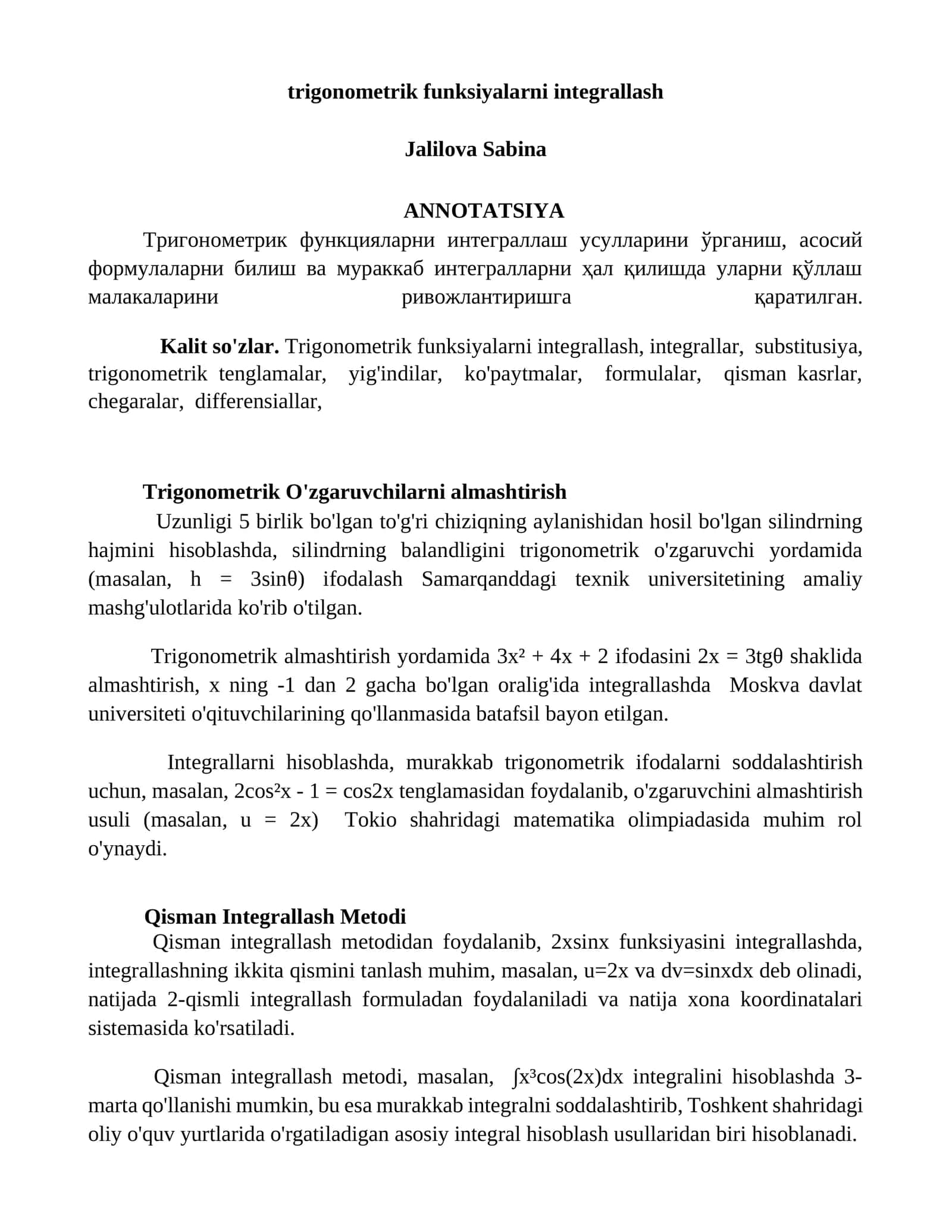Trigonometrik funksiyalarni integrallash 1