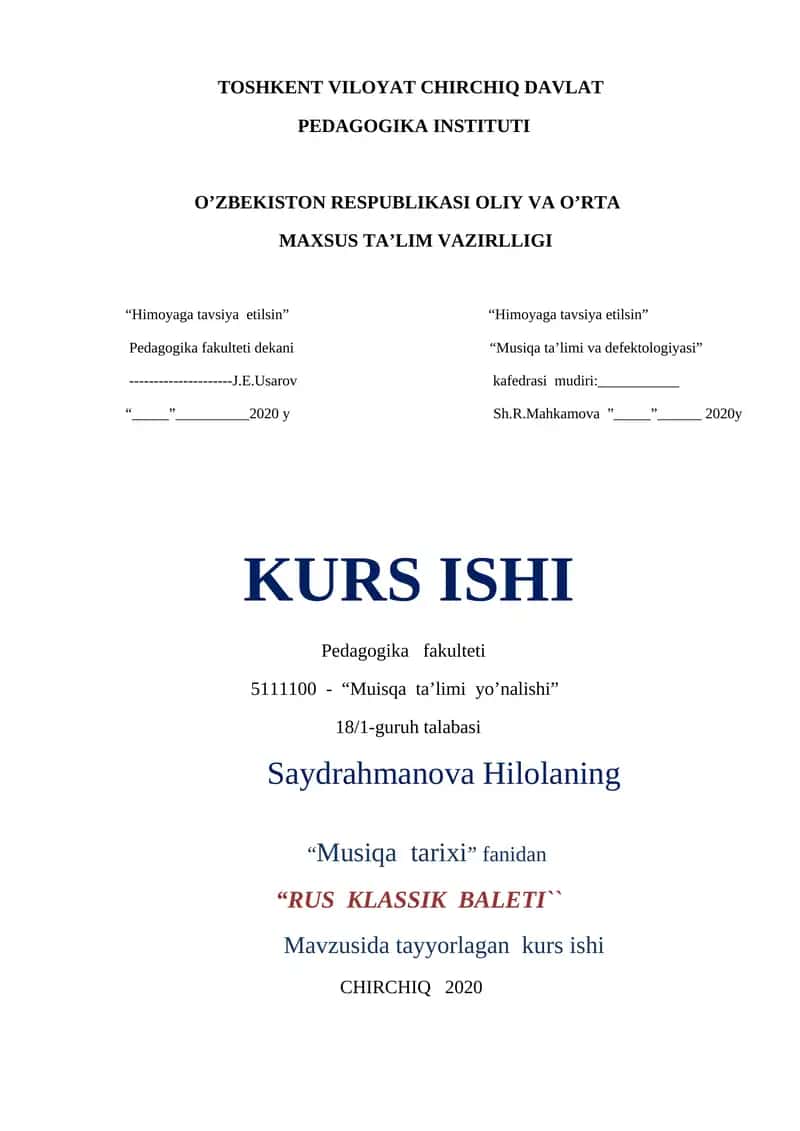 RUS KLASSIK BALETI KURS ISHI 1