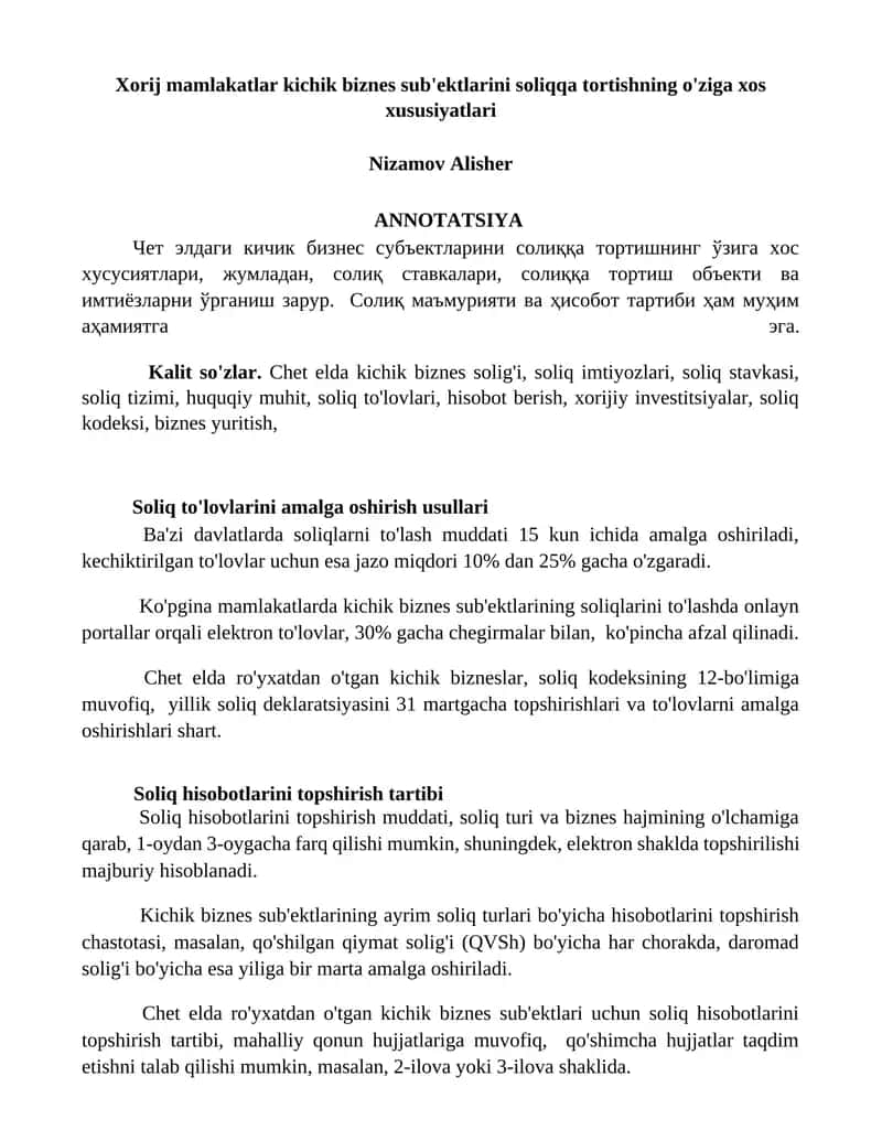 Xorij mamlakatlar kichik biznes sub'ektlarini soliqqa tortishning o'ziga xos xususiyatlari 1