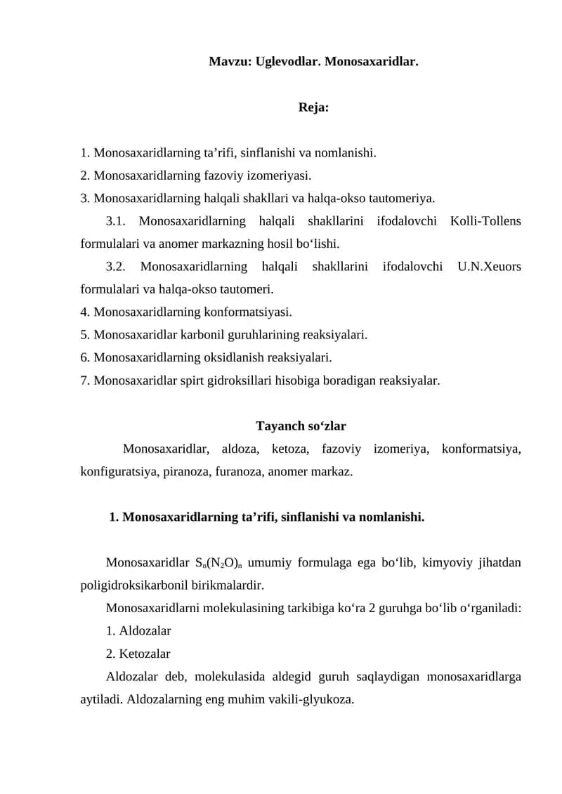 Uglevodlar. Monosaxaridlar 1