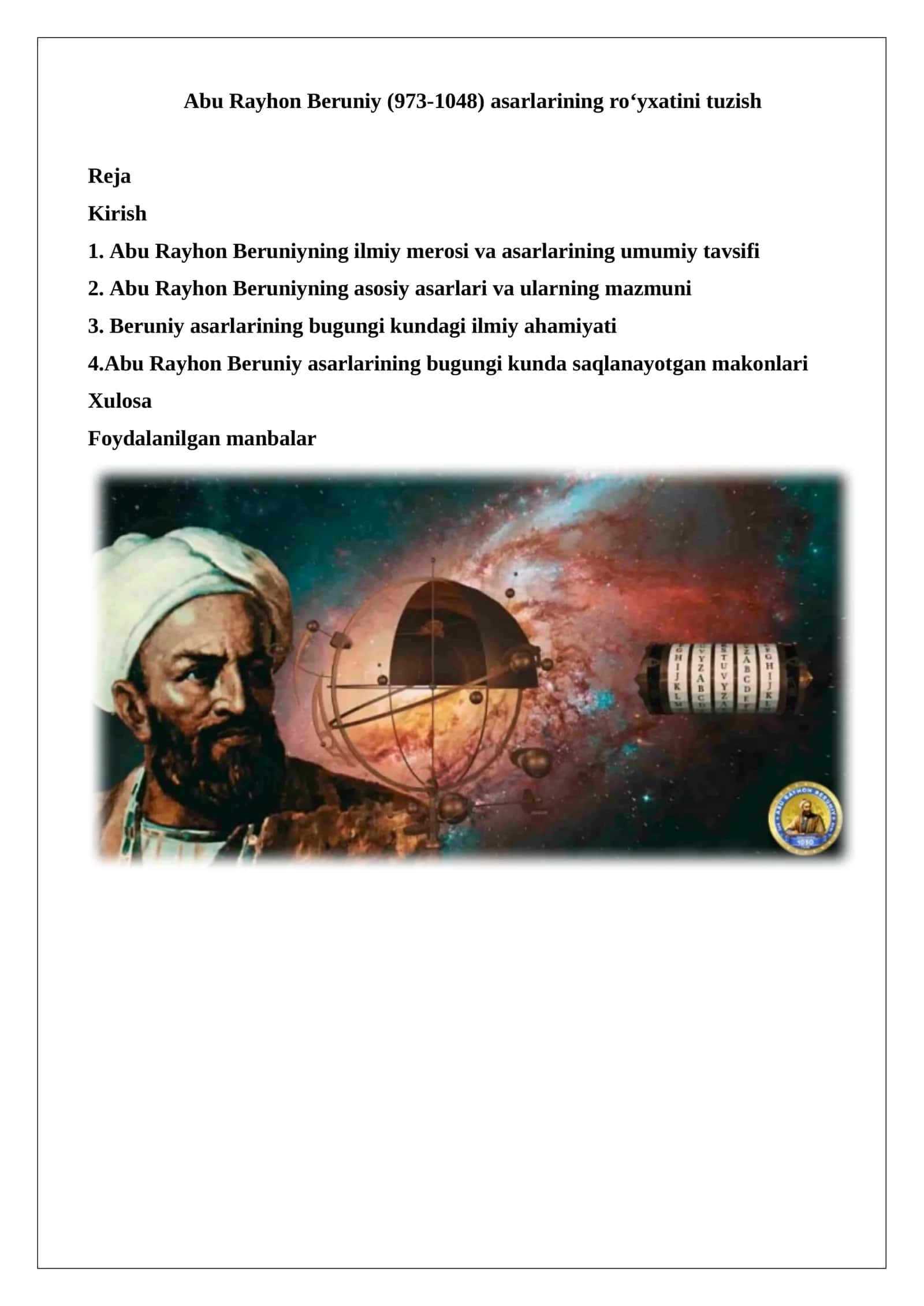 Abu Rayhon Beruniy (973-1048) asarlarining roʻyxatini tuzish 1