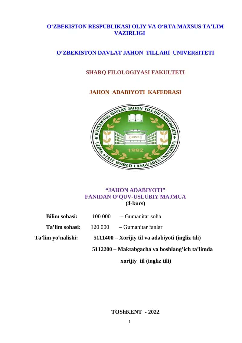 Jahon adabiyoti fanidan o‘quv-uslubiy majmua 1
