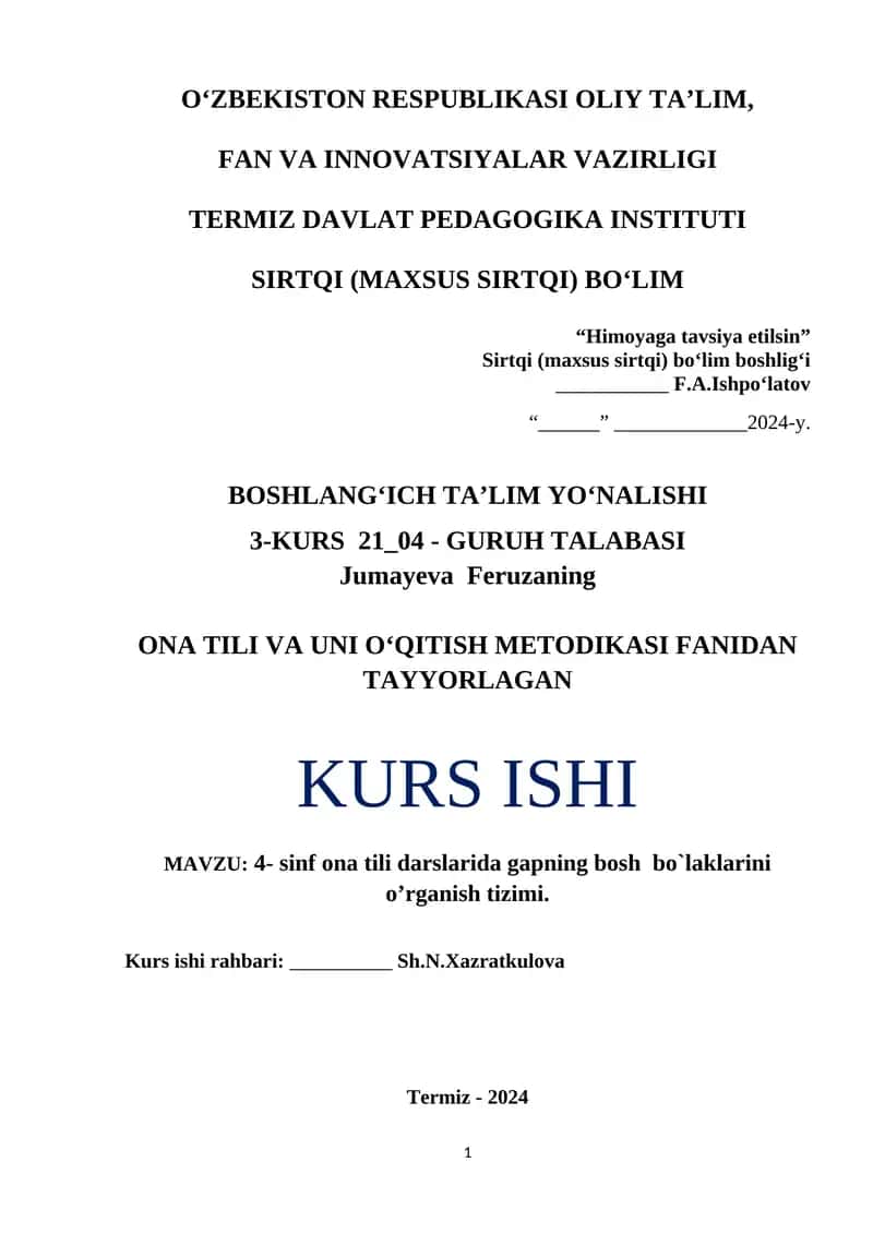4- sinf ona tili darslarida gapning bosh bo`laklarini o’rganish tizimi 1